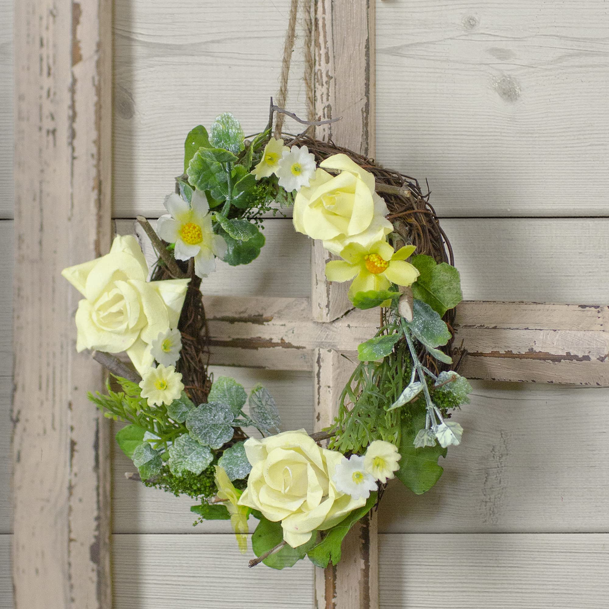 Northlight Mini Yellow Rose and Foliage Spring Wreath - 7 Inch Decorative Door Hanging for Easter, Mother's Day & Home Decor