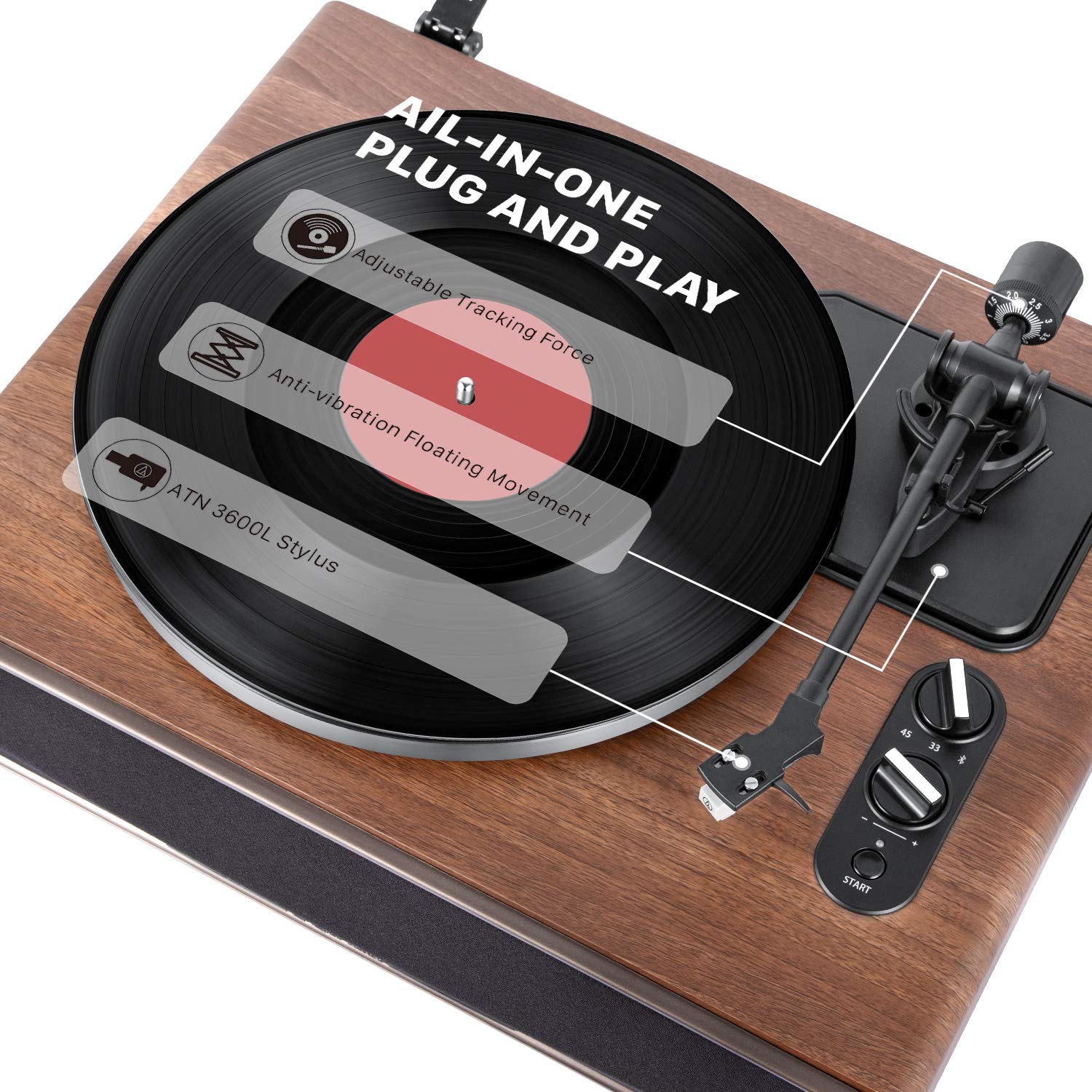 1 by ONE High Fidelity Belt Drive Turntable with Built-in Speakers & Bluetooth - Magnetic Cartridge, Built-in Preamp, Adjustable Counterweight - Perfect for Vinyl Lovers, Home Entertainment & Music Enthusiasts