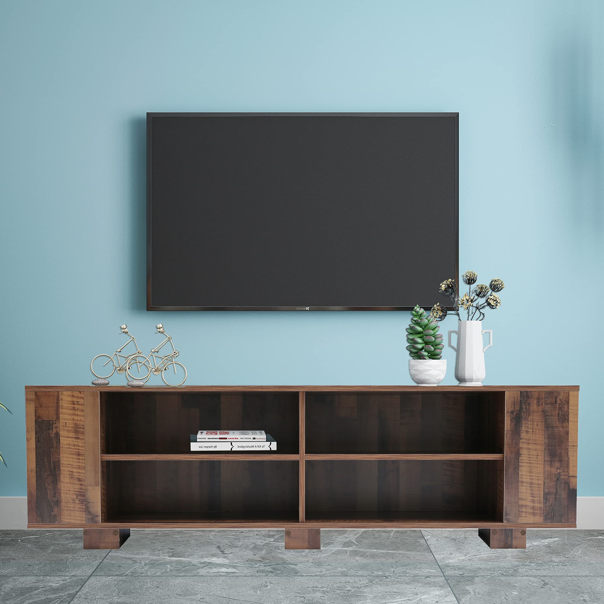 Mid-Century Modern TV Stand for 65-Inch Flat Screen TVs - Universal Entertainment Center with 8 Open Shelves, Storage Cabinet for Living Room & Bedroom - Sturdy Particle Board TV Console Table (Brown) - Perfect for Home Theater Setup, Gaming Stations & Living Room Organization