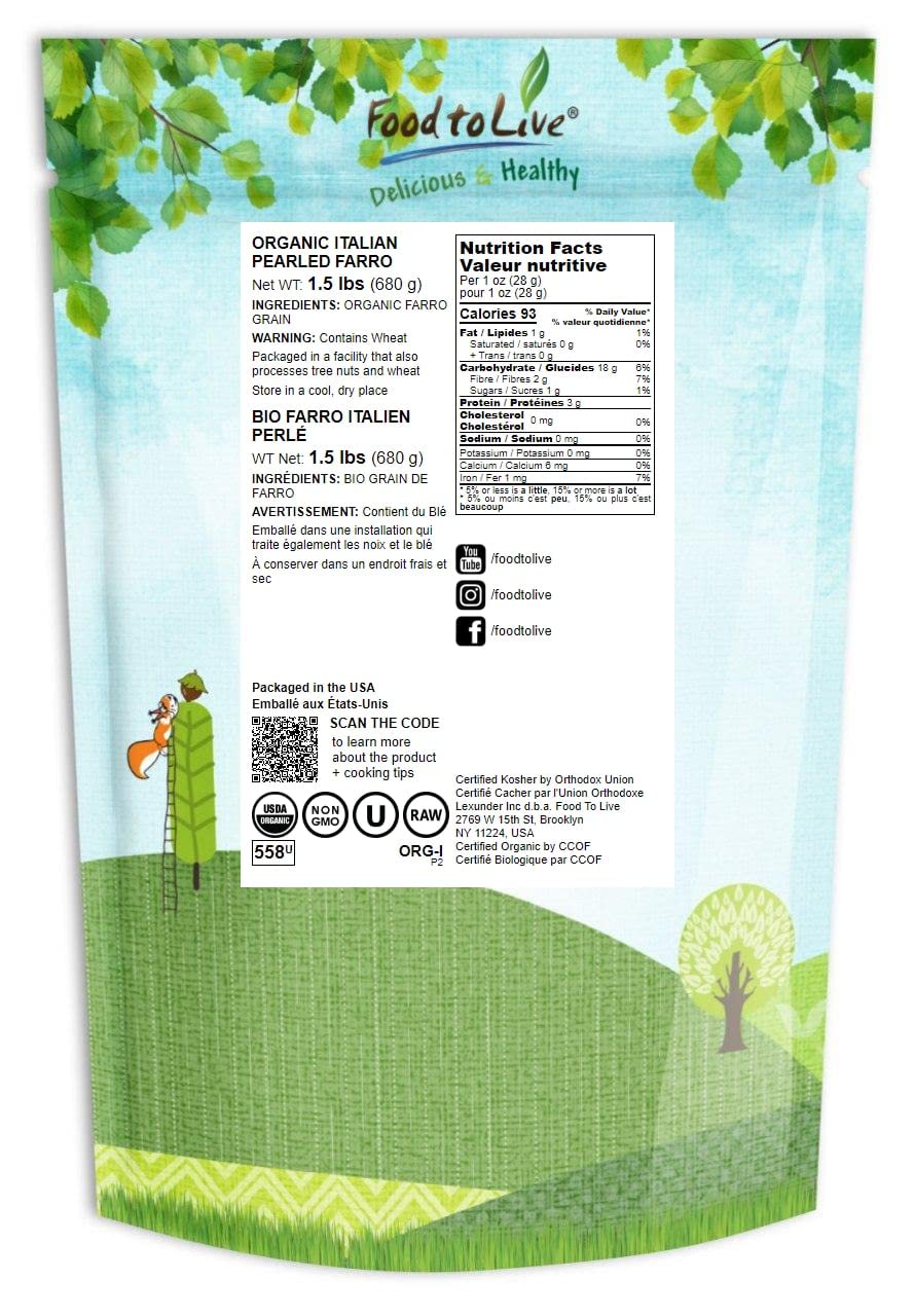 Organic Italian Pearled Farro 1.5 lb | Non-GMO, Kosher, Vegan Whole Grain | High Fiber & Protein | No Sodium or Sugar | Perfect for Salads, Soups & Healthy Meal Prep
