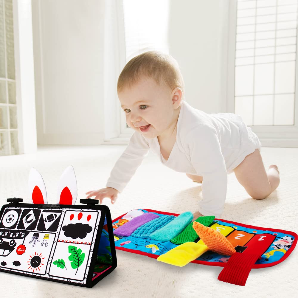 Black and White High Contrast Baby Mirror Toy - Tummy Time Sensory Infant Toy for Newborns 0-6 Months | Brain Development & Texture Exploration | Tabletop Mount with Squeaker Piano | Perfect for Early Learning and Playtime Stimulation