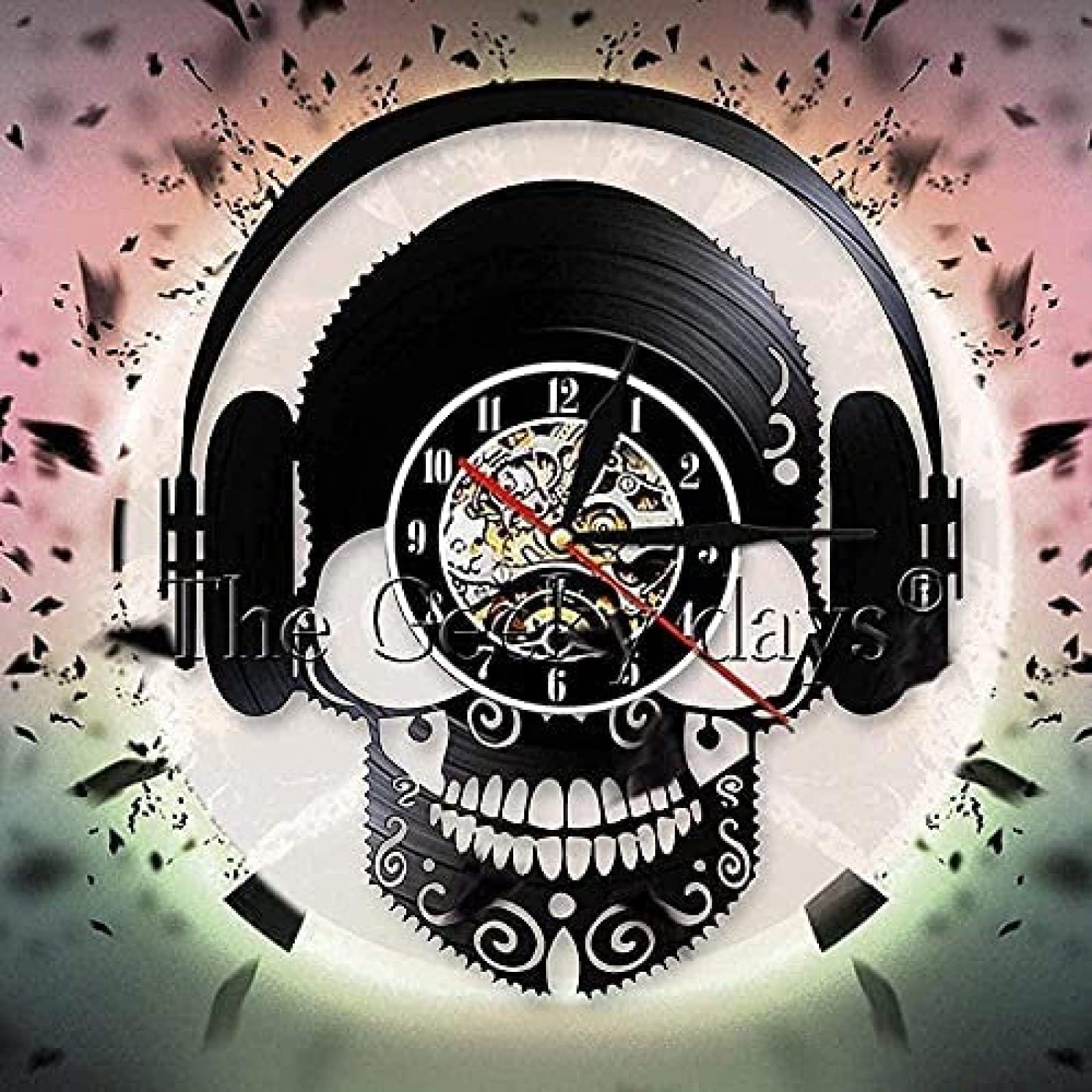 Vintage Vinyl Wall Clock with Skull & Headphones Design - Retro Music Record Wall Clock for Home Decor - Perfect for Music Lovers, Man Cave, Living Room & Bedroom Wall Art