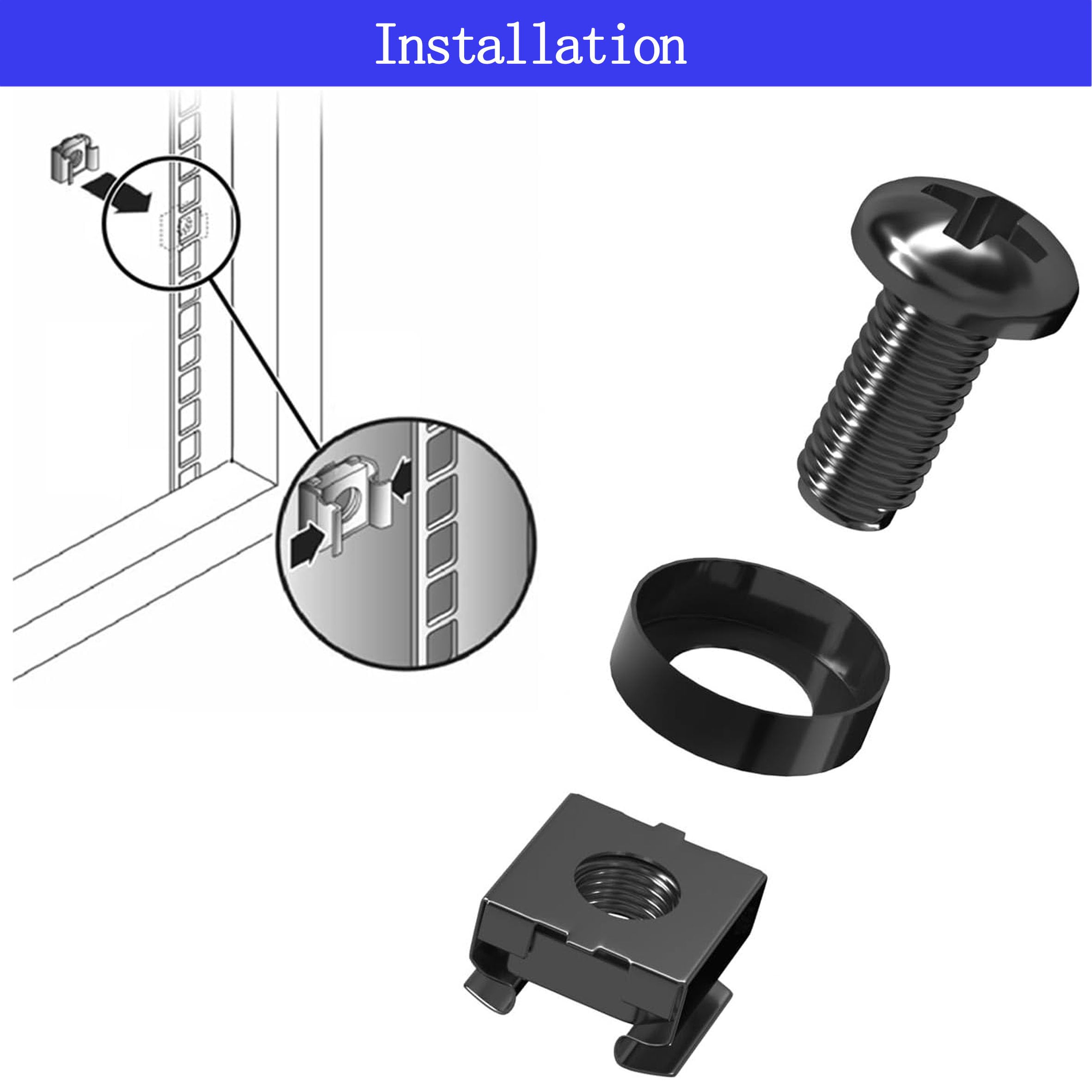 M6 x 16mm Black Server Rack Screws - 50pcs Set with Cage Nuts & Nylon Gaskets for Computer Rack Mount, Server Shelves & Cabinets | Durable Hardware for Data Center, Network Equipment & Home Server Setup