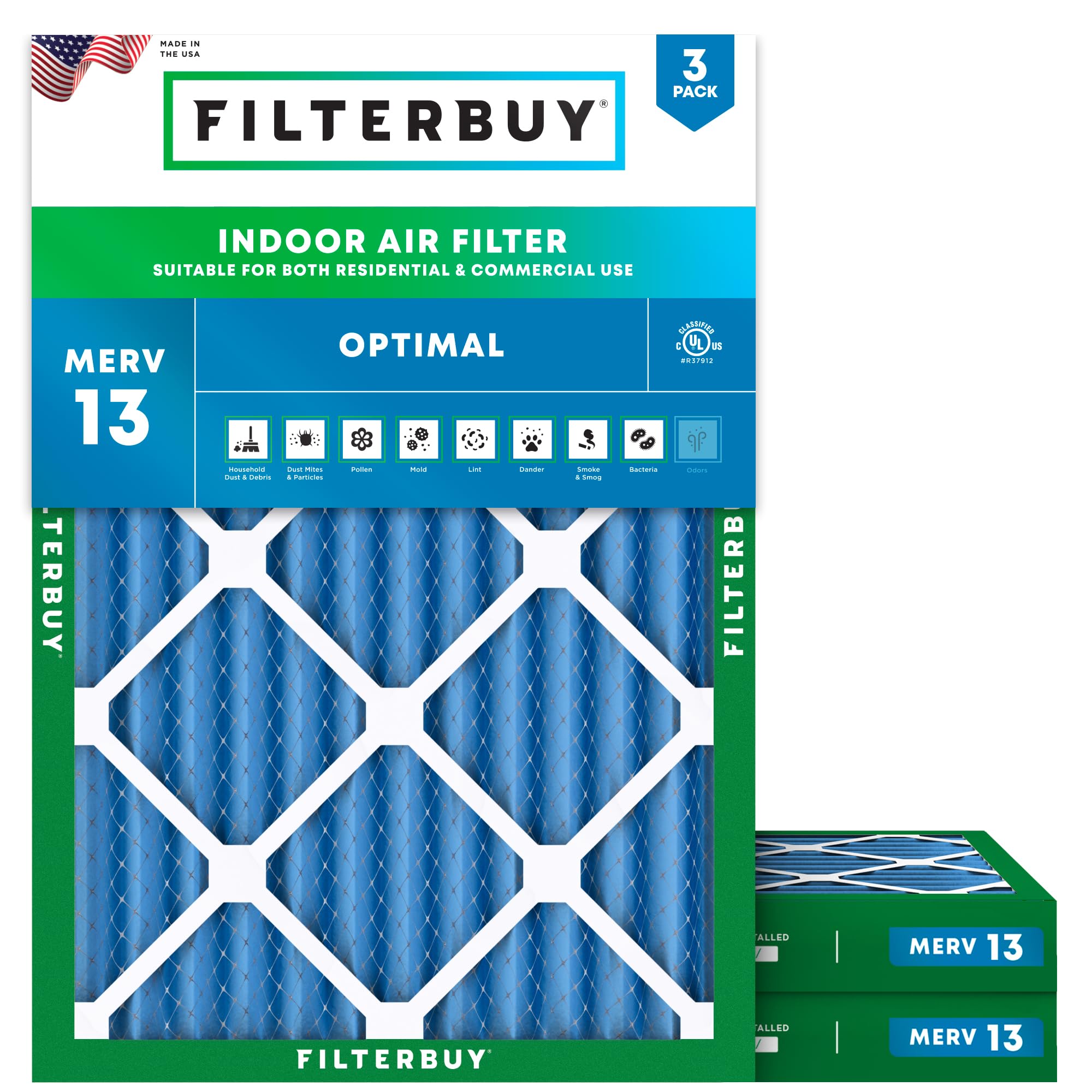 Filterbuy 25x32x2 MERV 13 Pleated Air Filter 3-Pack - High Efficiency HVAC Furnace AC Replacement (Actual Size 24.5x31.5x1.75 Inches) for Home, Office & Commercial Use - Traps Dust, Pollen & Allergens