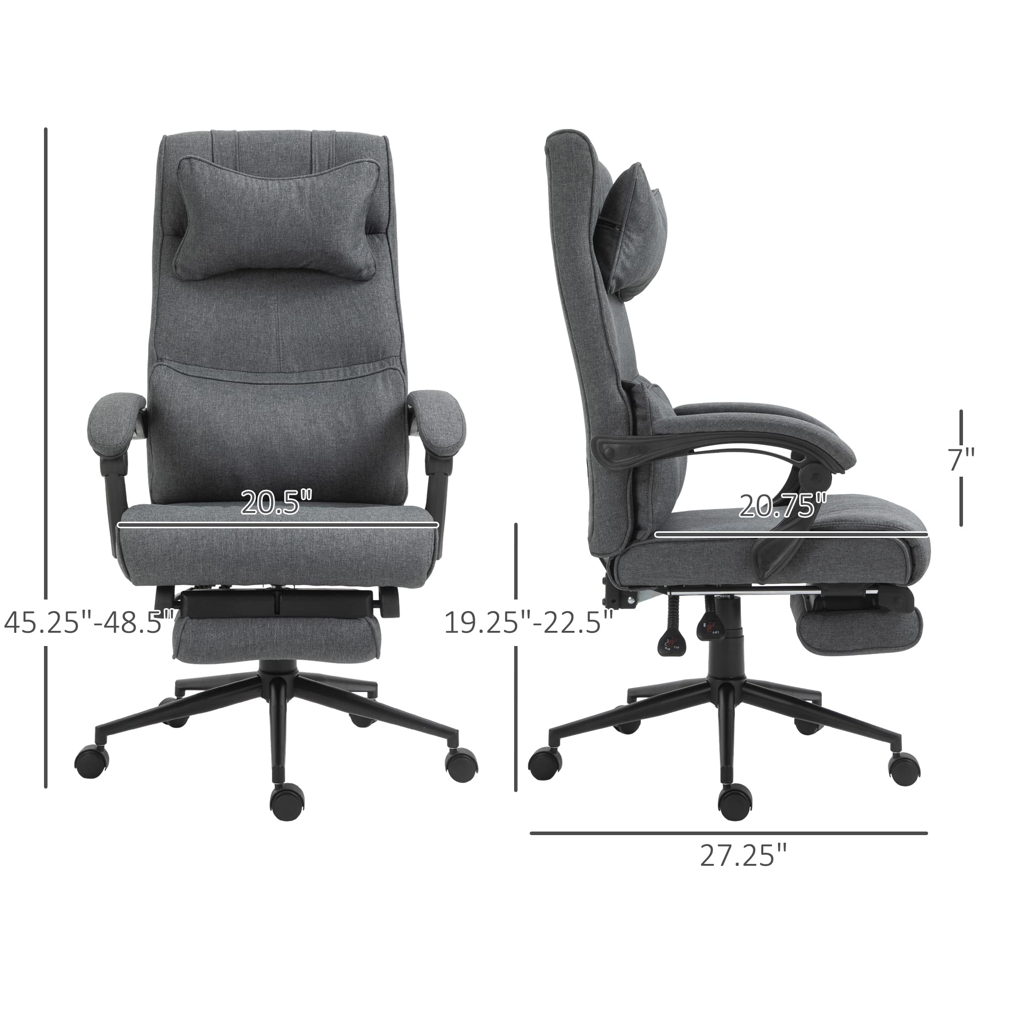 Vinsetto High Back Executive Office Chair with Footrest - Adjustable Reclining Computer Desk Chair, Ergonomic Fabric Chair with Headrest & Lumbar Support (Gray) - Perfect for Home Office, Gaming, and Workspace Comfort
