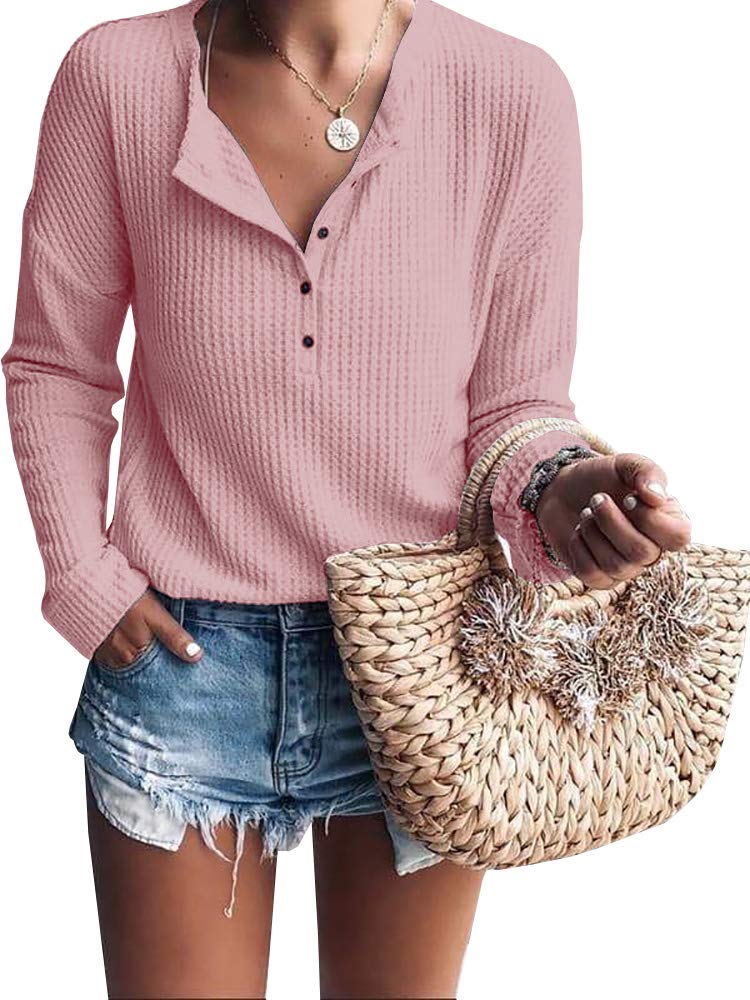 Women's Henley Shirts V-Neck Long Sleeve Button Down Tops - Soft Waffle Knit Cotton Tees for Casual Wear, Layering & Fall Fashion