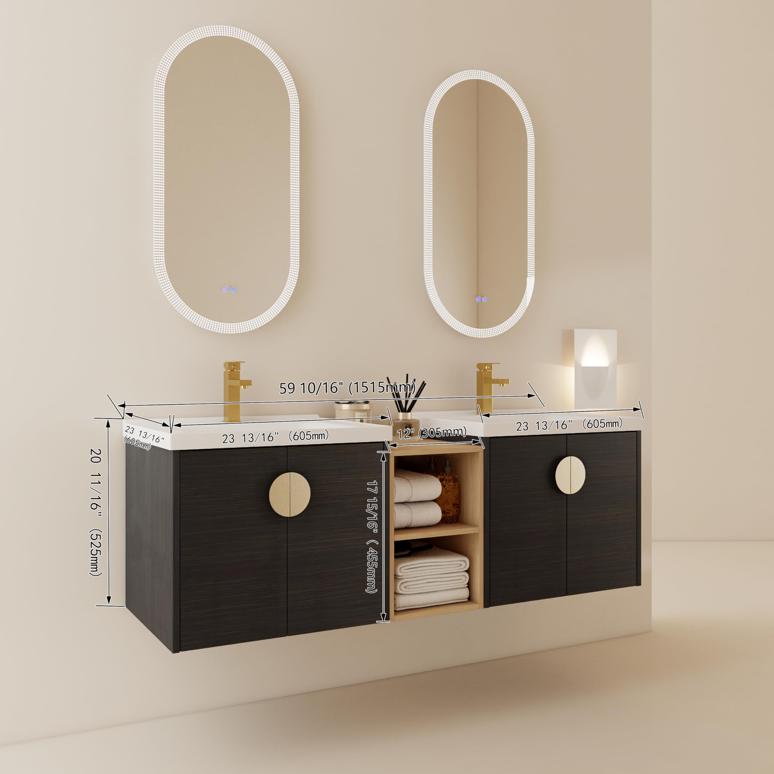 Modern 60-Inch Double Sink Floating Bathroom Vanity Set with Ceramic Sinks, Middle Storage Shelf & 2 Cabinets - Black Gold Finish | Perfect for Contemporary Bathrooms, Master Suites & Space-Saving Small Bathroom Designs