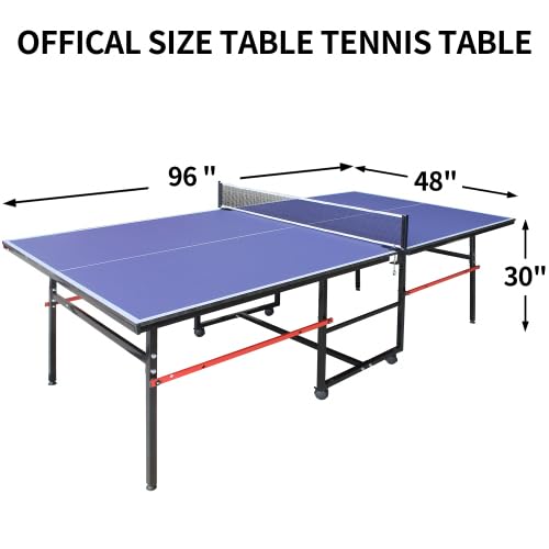 Regulation Size Folding Ping Pong Table with 2 Paddles & 3 Balls | Portable Indoor/Outdoor Table Tennis Set with Net & Wheels | Perfect for Home, Office, Backyard & Game Room (Blue)