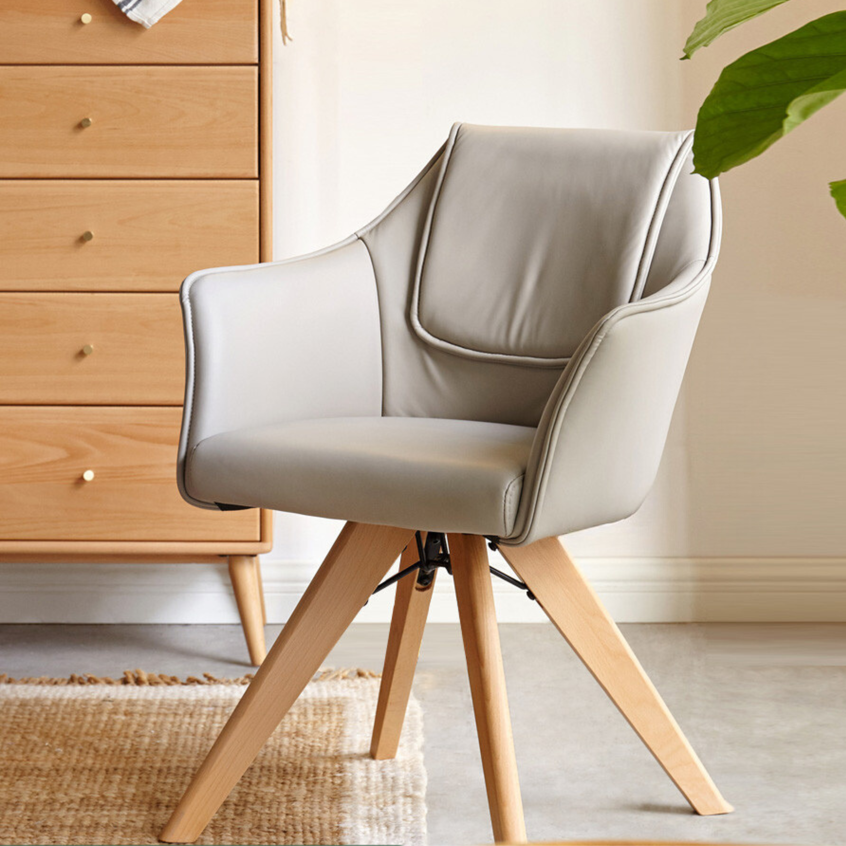 Premium Beech Solid Wood Swivel Soft Skin Armchair - Modern Ergonomic Office Chair for Home & Workspace - Perfect for Reading, Working, and Relaxing