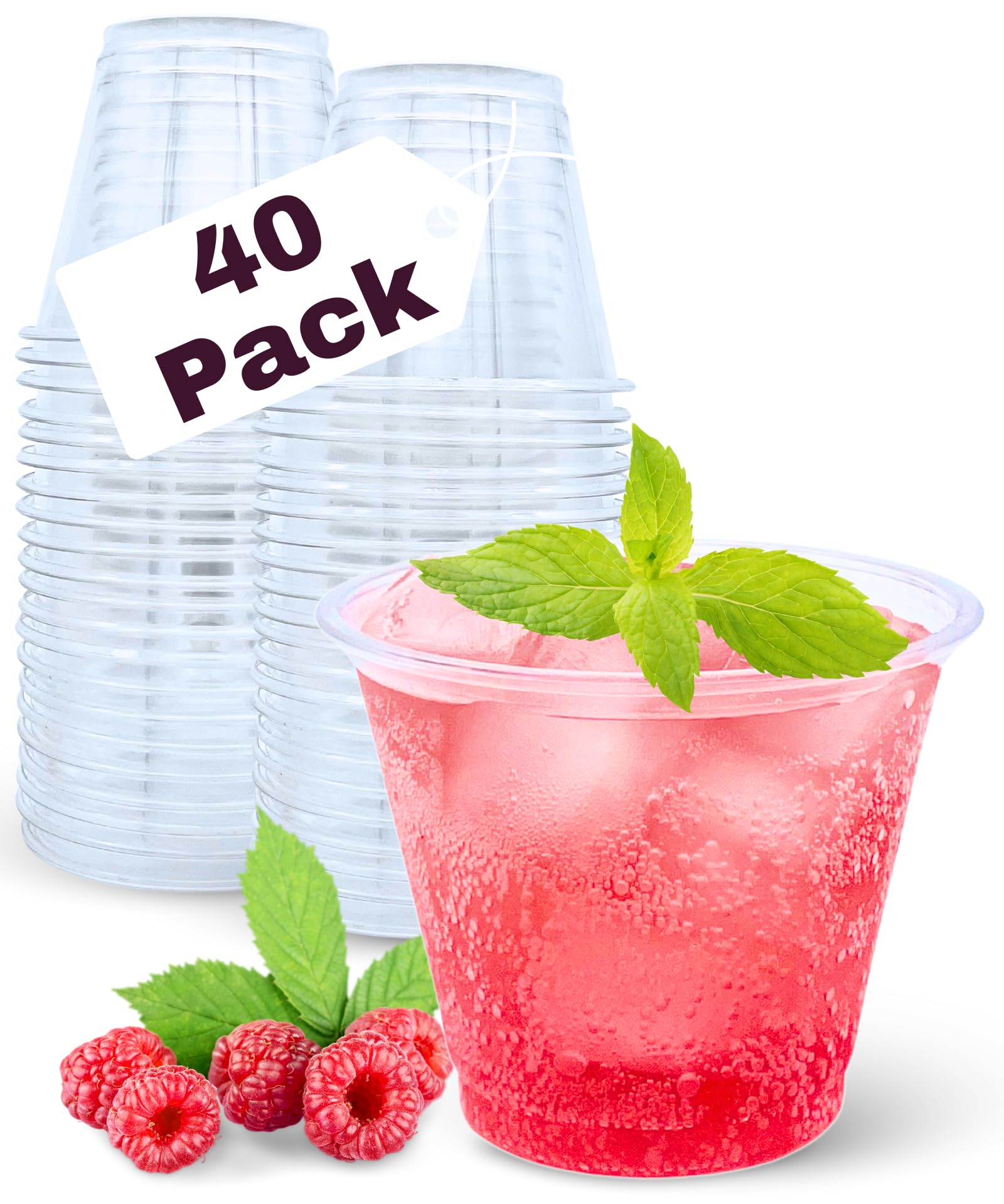 40 Pack 9 oz Clear Plastic Cups - Disposable Sturdy Recyclable Drinking Glasses for Wine, Cocktail, Punch & Cold Beverages - Perfect for Weddings, Parties, BBQs & Outdoor Events