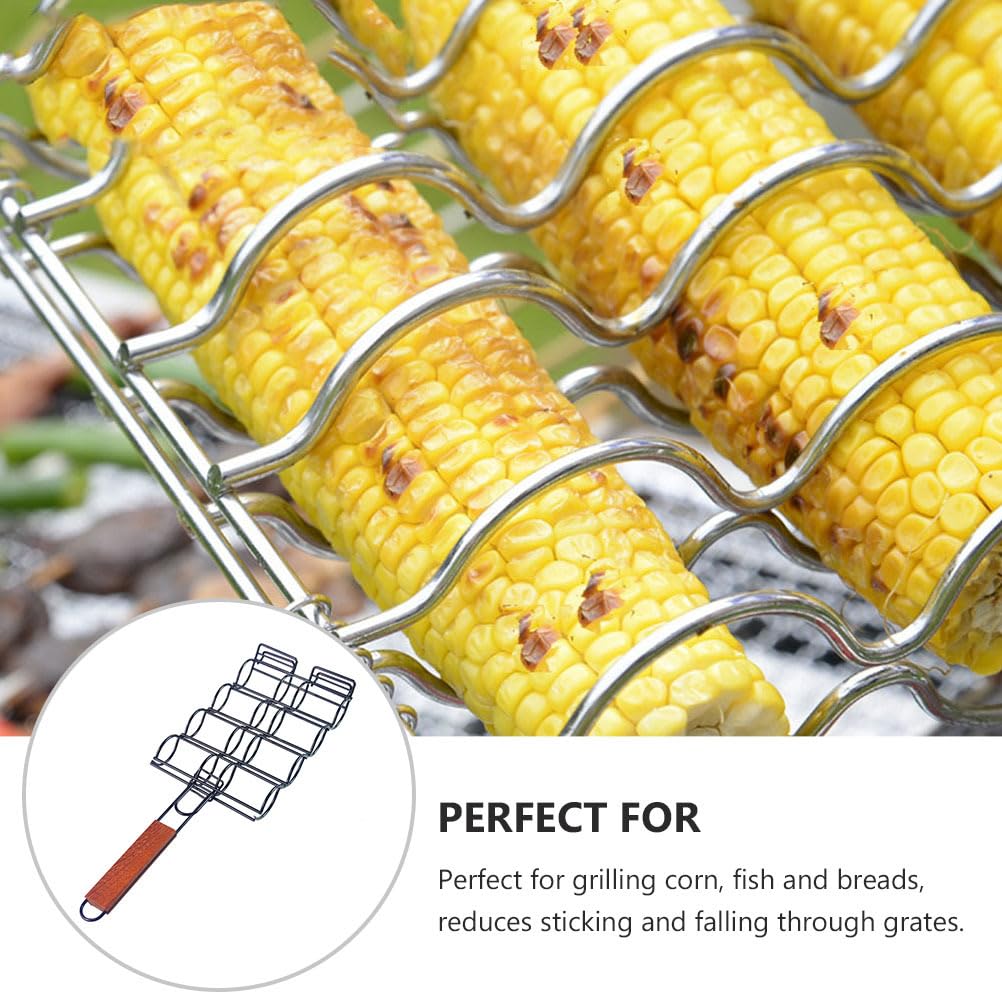 BESPORTBLE Stainless Steel Grill Basket - Corn BBQ Holder with Non-Stick Coating & Long Wooden Handle - Perfect for Home Kitchen, Outdoor Barbecue, Camping, and Backyard Party Accessories