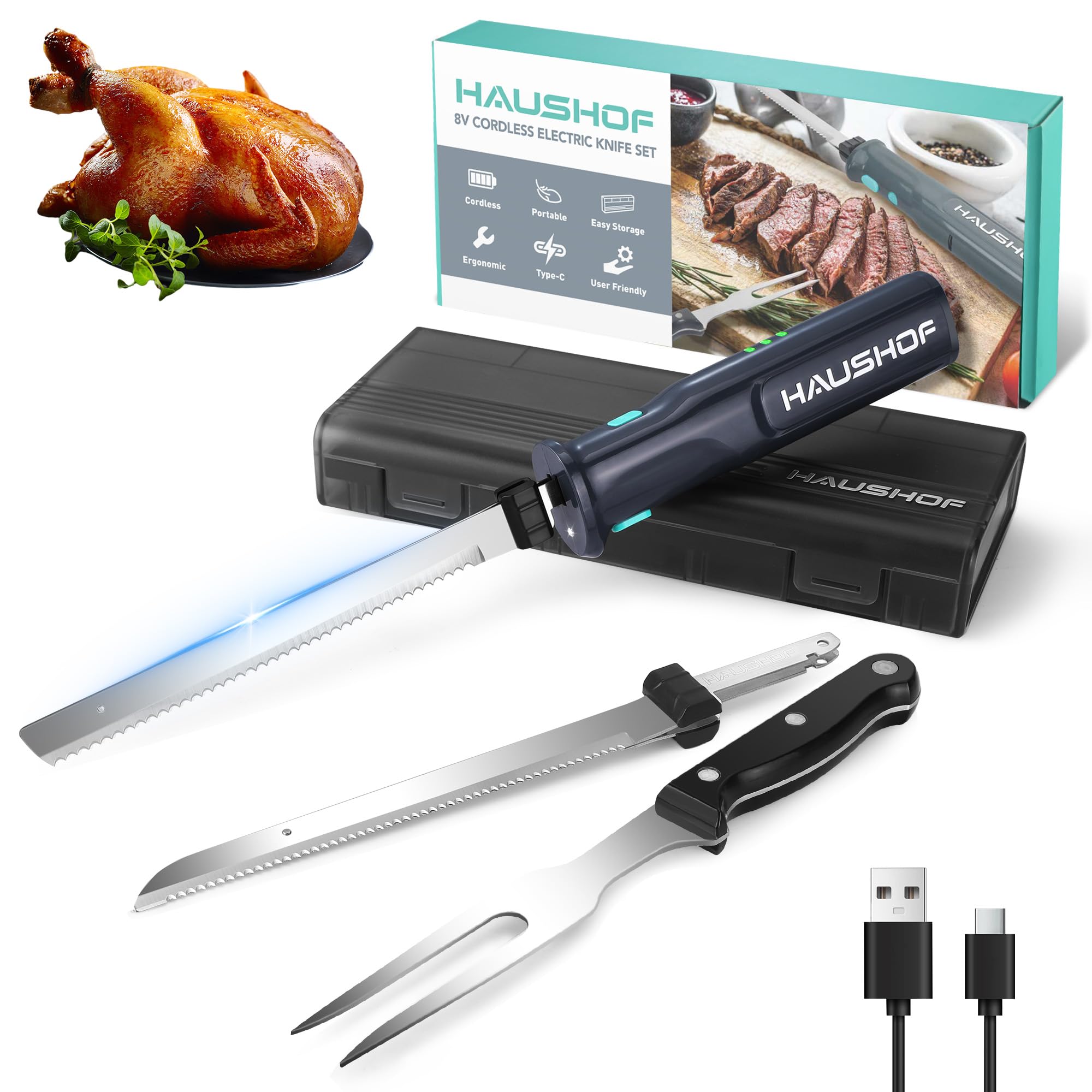 HAUSHOF 8V Cordless Electric Knife Set - Rechargeable Meat Cutter with Stainless Steel Blades for Slicing Turkey, Fish, Bread - Includes Safety Lock & Storage Case - Perfect for Holiday Cooking, BBQ, and Kitchen Prep