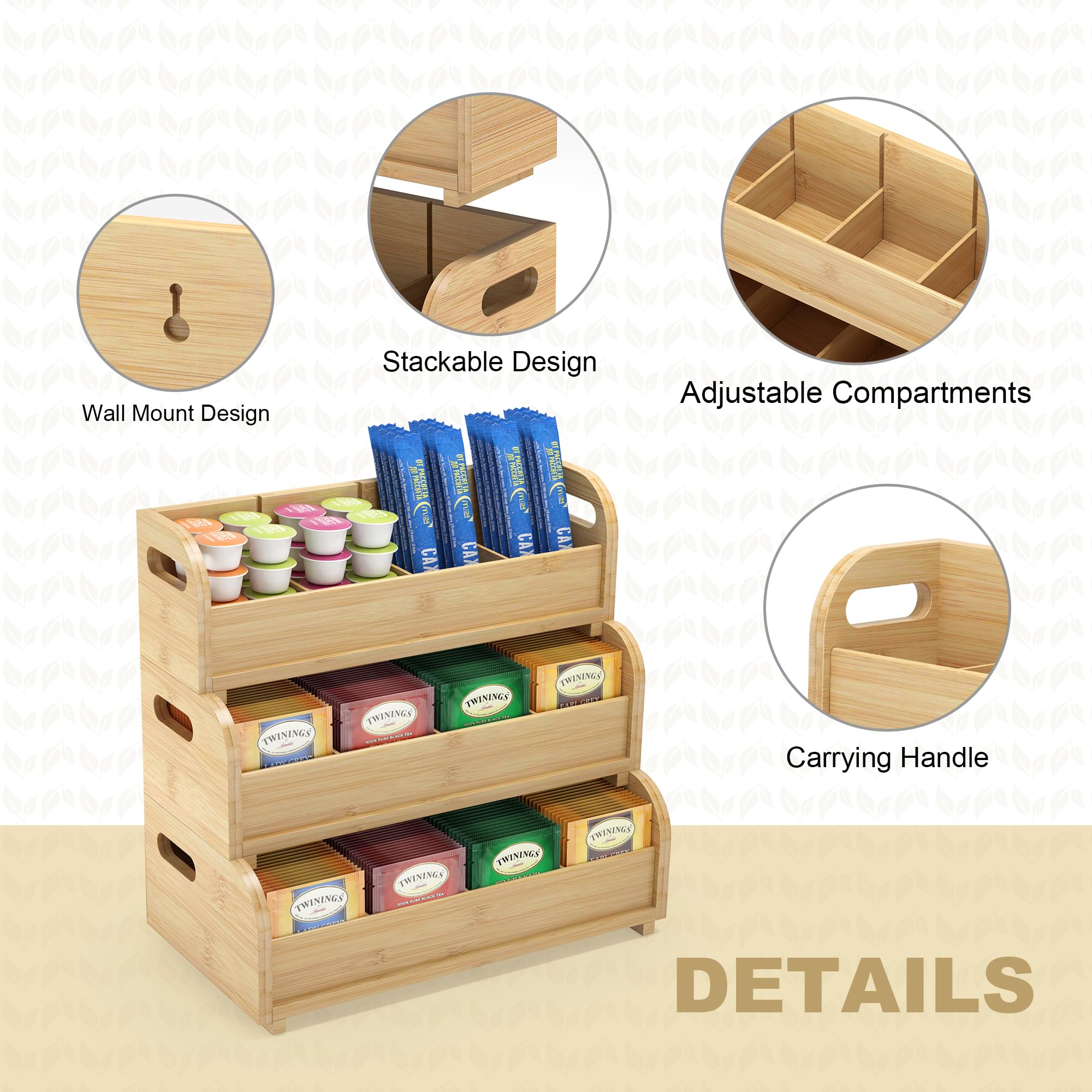 3-Tier Stackable Bamboo Tea Bag Organizer - Large Capacity Wall Mount Tea Storage Box for Tea Bags | Perfect for Kitchen, Office & Tea Lover's Home Decor (Natural Finish)