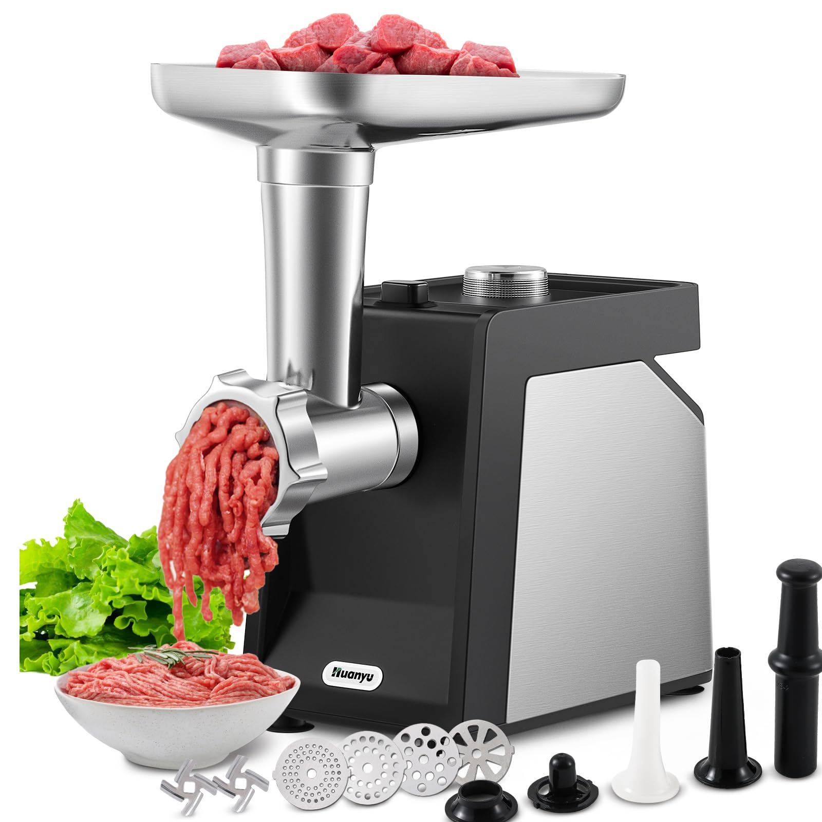 Huanyu 800W Electric Meat Grinder for Home Use - Includes 2 Blades, 4 Plates, Sausage Tube & Kubbe Kit (110V) | Perfect for Grinding Beef, Pork, Making Sausages & Homemade Pet Food