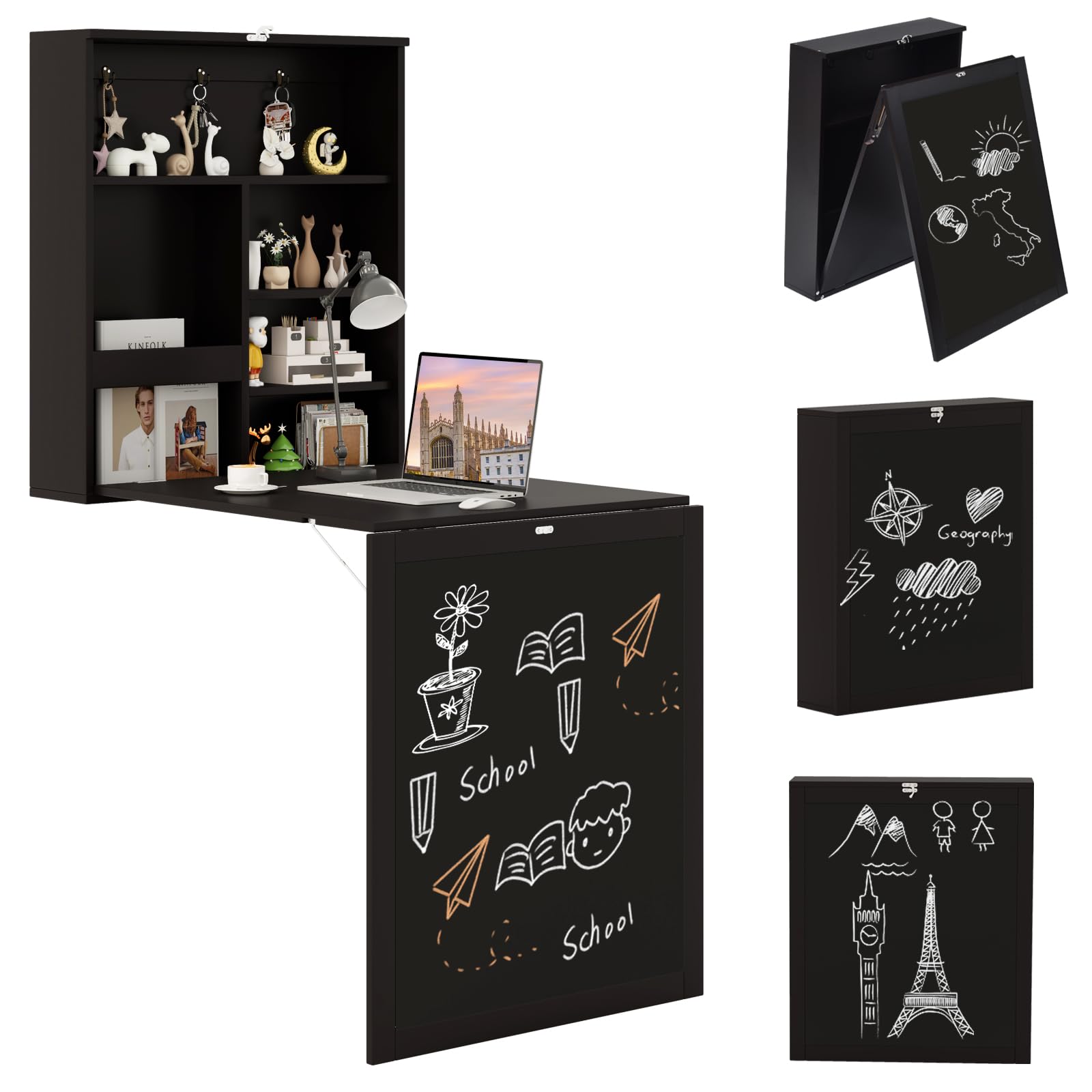 Tangkula Foldable Wall-Mounted Desk with Chalkboard - Space Saving Floating Desk with Storage Shelves & Hooks - Perfect for Home Office, Bedroom, Dorm Room & Small Spaces - Ideal for Remote Work, Study & Crafting