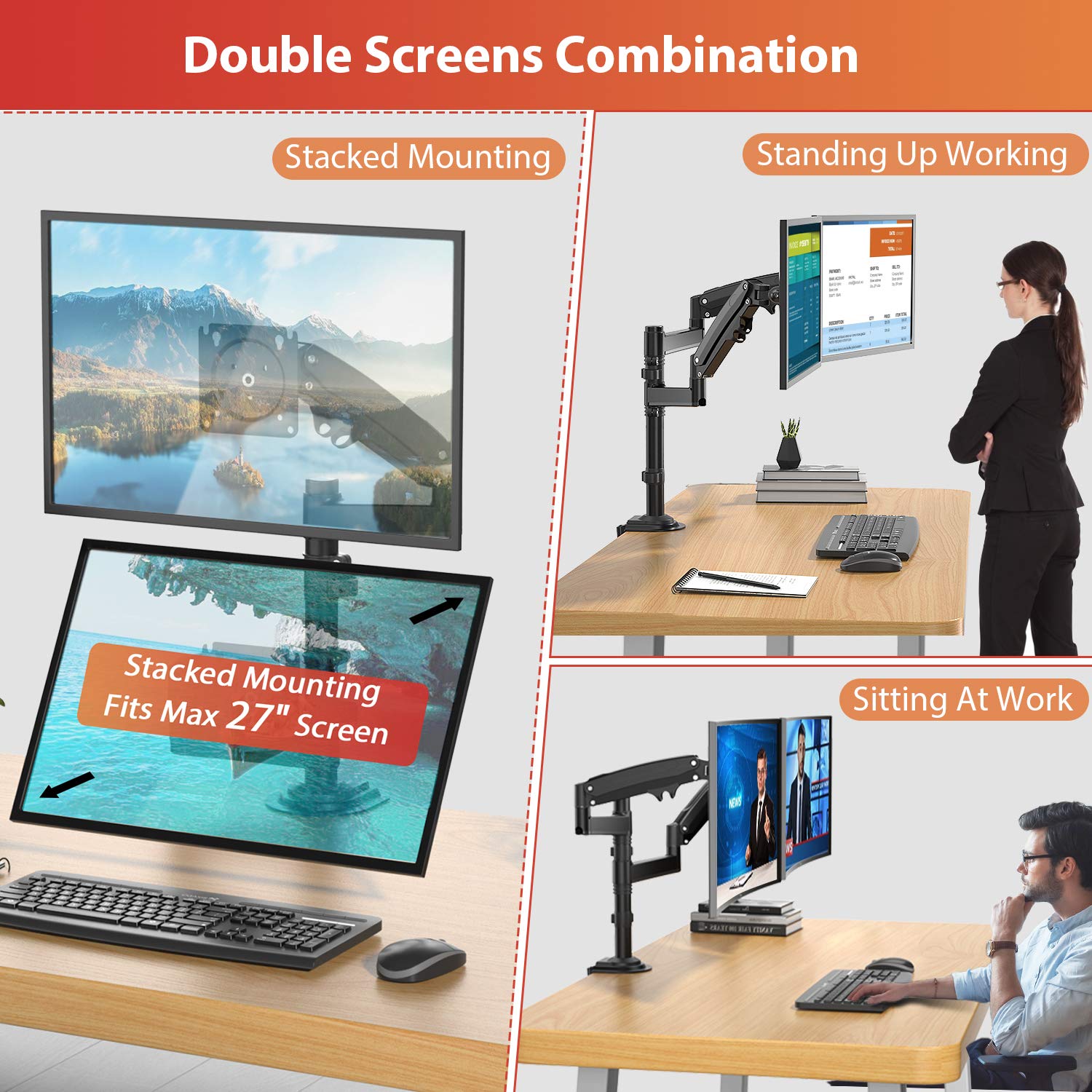 ErGear Dual Monitor Mount Arm 13-32 Inch - Adjustable Gas Spring Desk Stand with VESA 75/100mm, C Clamp & Grommet Mounting for Flat/Curved Screens (Holds 26.5lbs) - Perfect for Home Office, Gaming Setup & Workspace Ergonomics