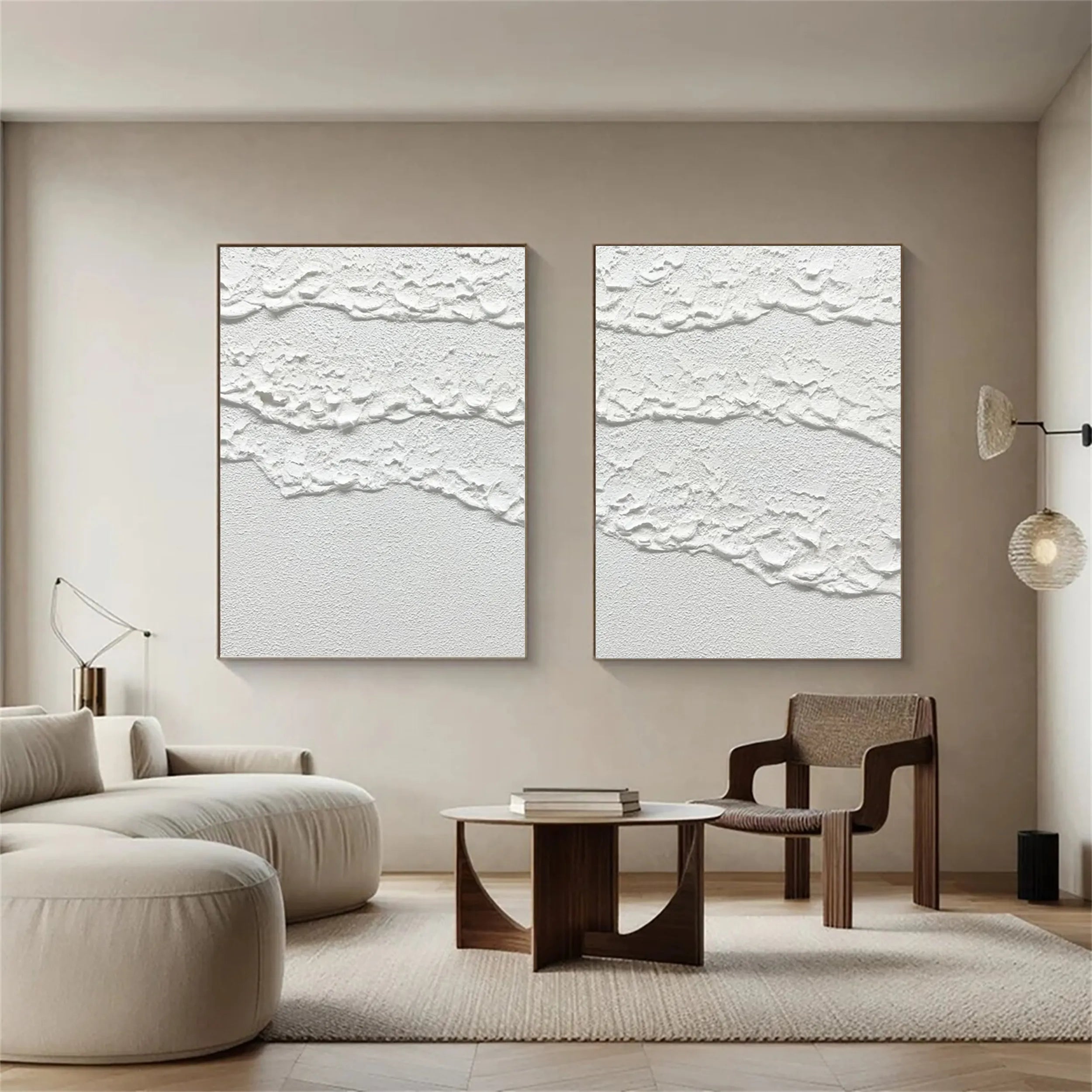 Modern White Minimalist Textured Wall Art - Set of 2 Abstract Canvas Paintings for Living Room & Bedroom Decor | MM181