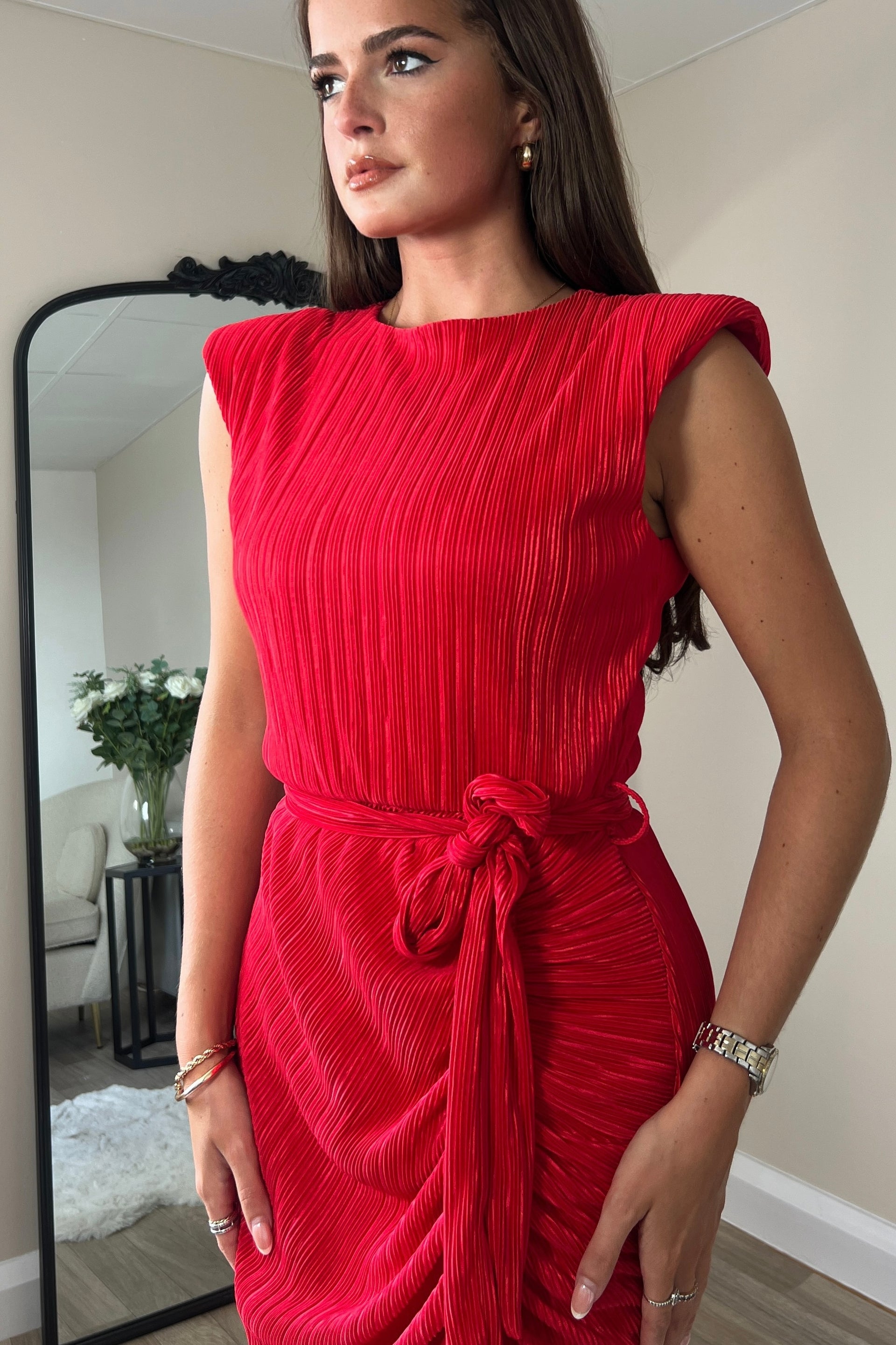 Elena Ruched Seamed Midi Dress for Women - Elegant Bodycon Party Dress in Red | Perfect for Cocktail Parties, Date Nights & Special Occasions