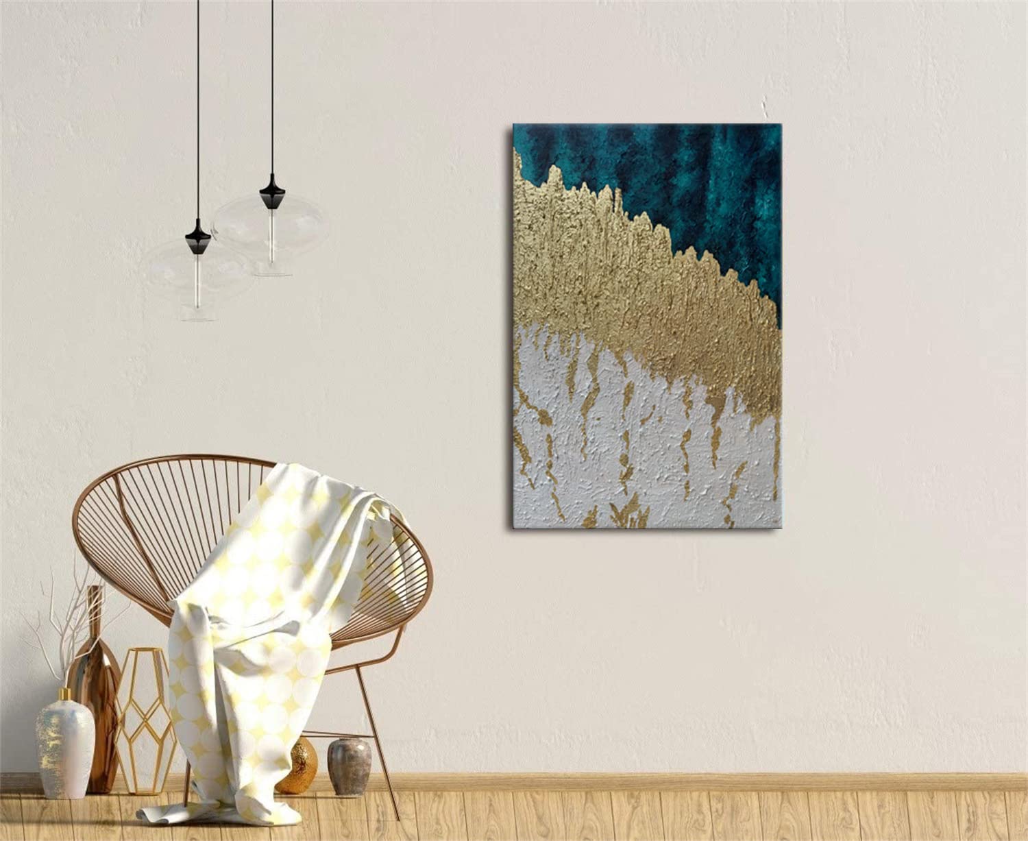 Abstract Blue and Gold Vertical 3D Canvas Wall Art - Hand Painted Modern Oil Painting with Textured Metal Finish - Contemporary Home Decor for Living Room, Bedroom & Office