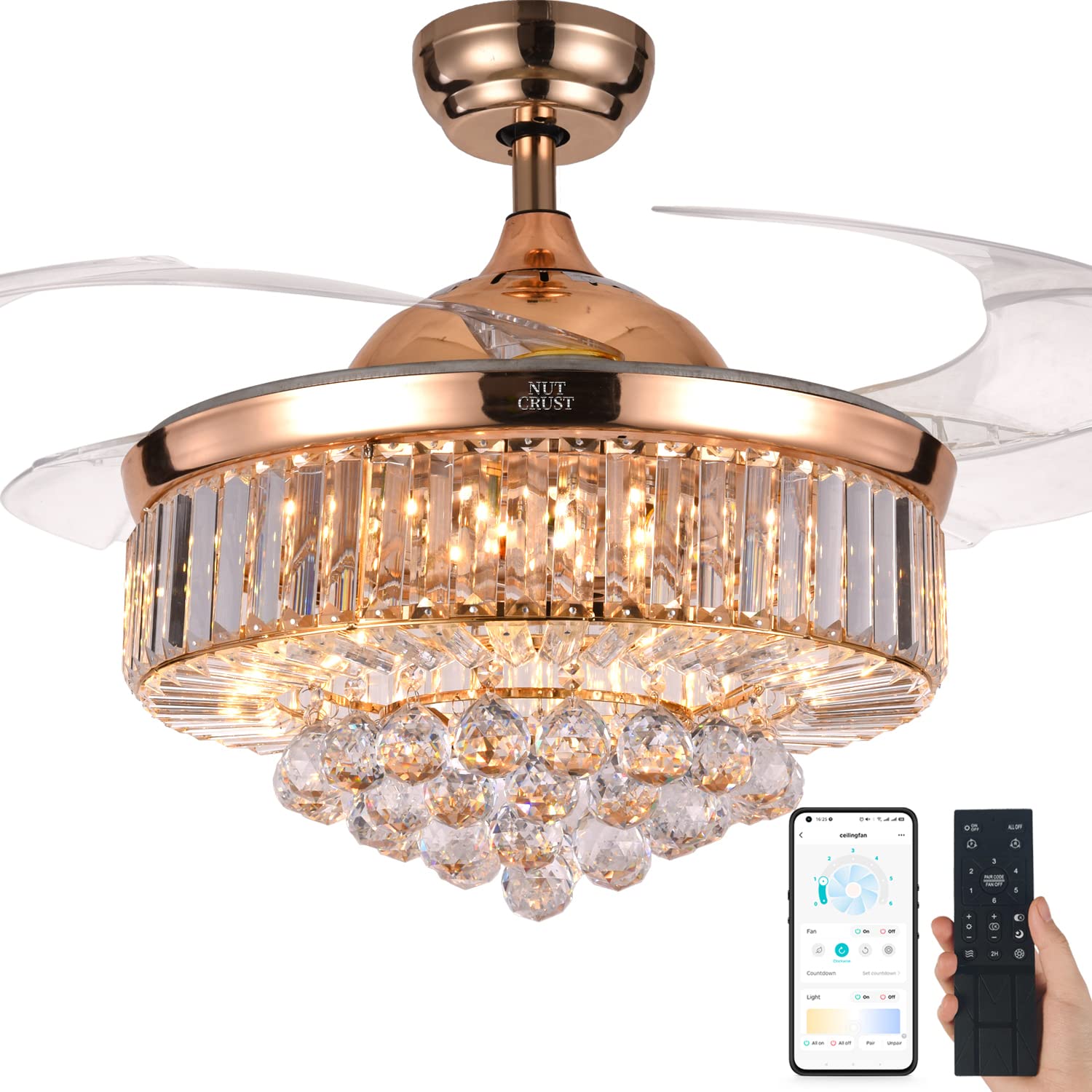 NUTCRUST Crystal Ceiling Fan with LED Lights & Remote Control - 6 Speed Reversible Fandelier with Retractable Invisible Blades & Color Temperature Memory - Perfect for Living Room, Bedroom, and Dining Room Decor