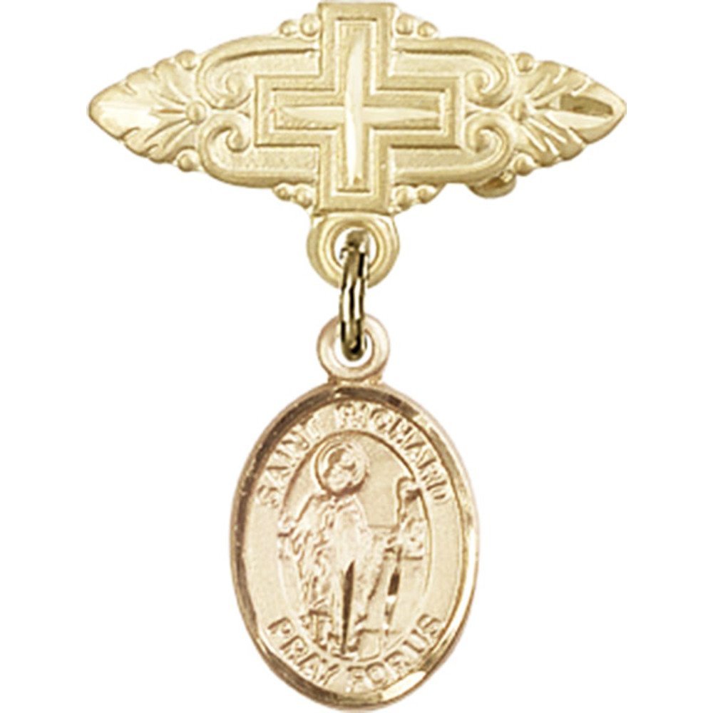 Gold Filled Baby Badge with St. Richard Charm & Cross Pin - 1 X 3/4 Inch - Perfect for Christening Gifts, Baby Blessings & Religious Keepsakes