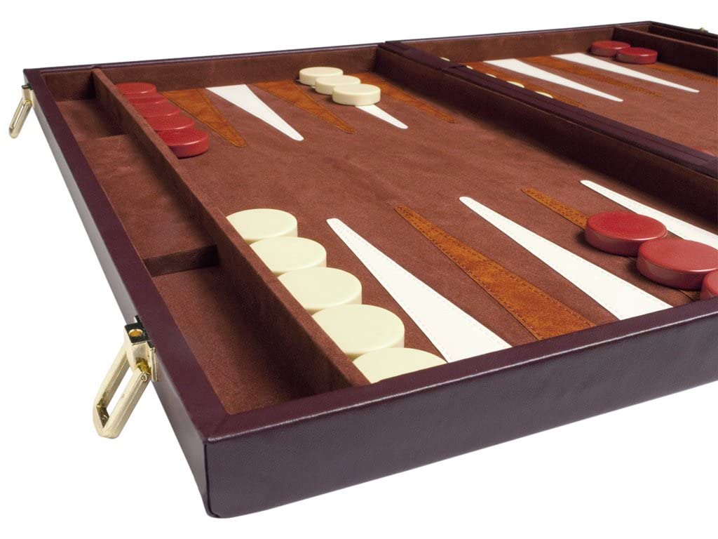 Premium 21-inch Wooden Backgammon Set with Brown Leather Board & White/Light Brown Points - Classic Strategy Game for Family Game Nights, Travel & Casino-Themed Parties