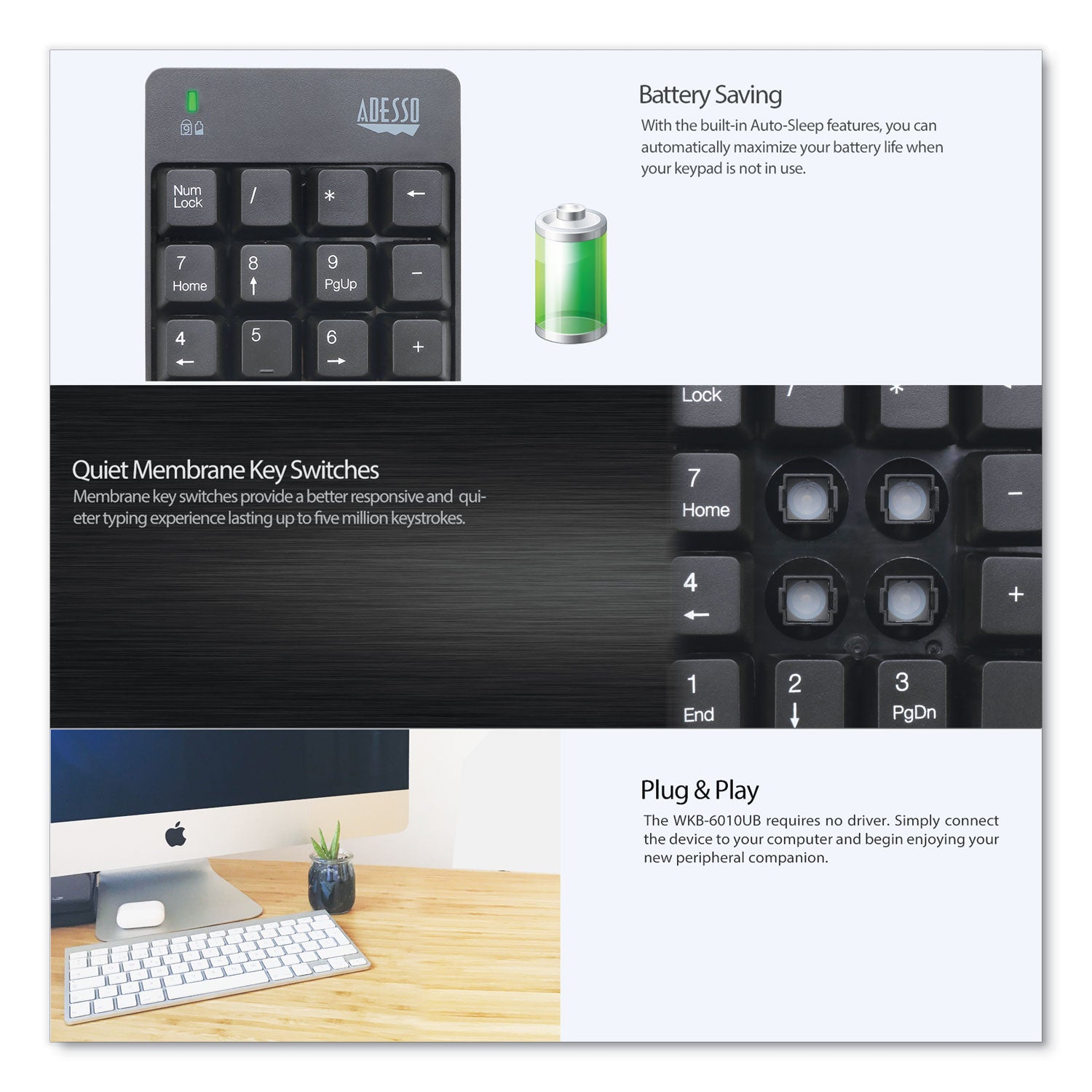 Adesso WKB6010UB Wireless 18-Key Numeric USB Keypad - Black | Compact Number Pad for Laptops, Accounting & Data Entry | Perfect for Office, Home & Remote Work