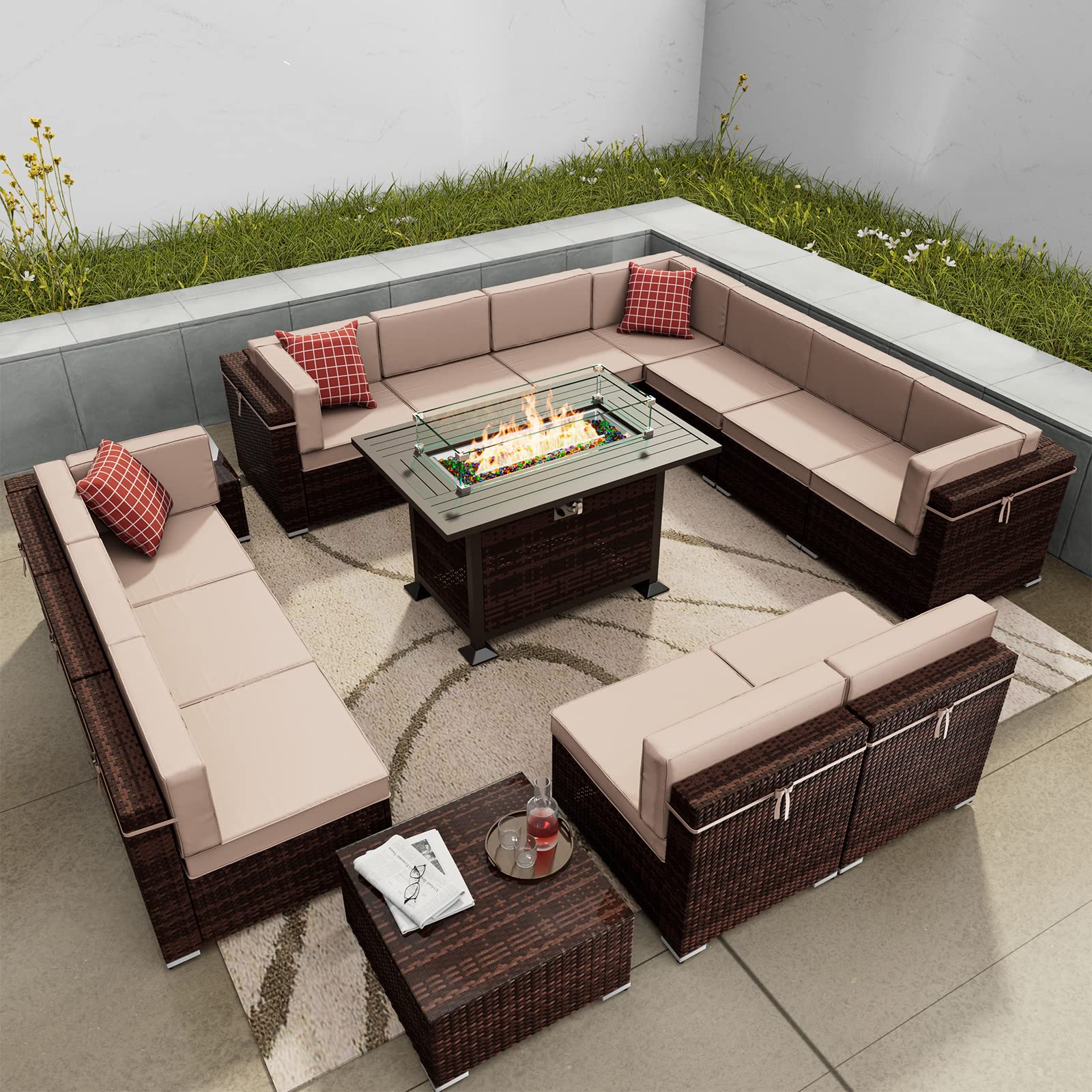 15-Piece Patio Furniture Set with Gas Fire Pit Table - Outdoor Sectional Sofa, 44