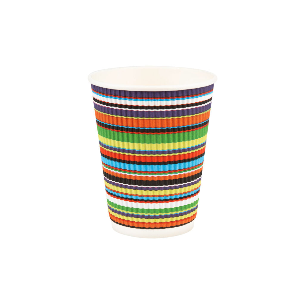 Eco-Friendly Insulated Ripple Color Striped Paper Coffee Cups with Lids - 12oz Hot/Cold Beverage Containers for Office, Cafe, and Home Use