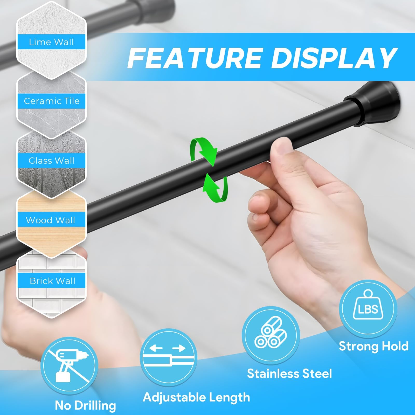 Adjustable Tension Rod 18-28 Inch - No Drill Black Spring Curtain Rod for Bookshelf, Kitchen, Cupboard, Bathroom & Wardrobe (2 Pack) - Perfect for DIY Projects, Window Treatments & Space Organization