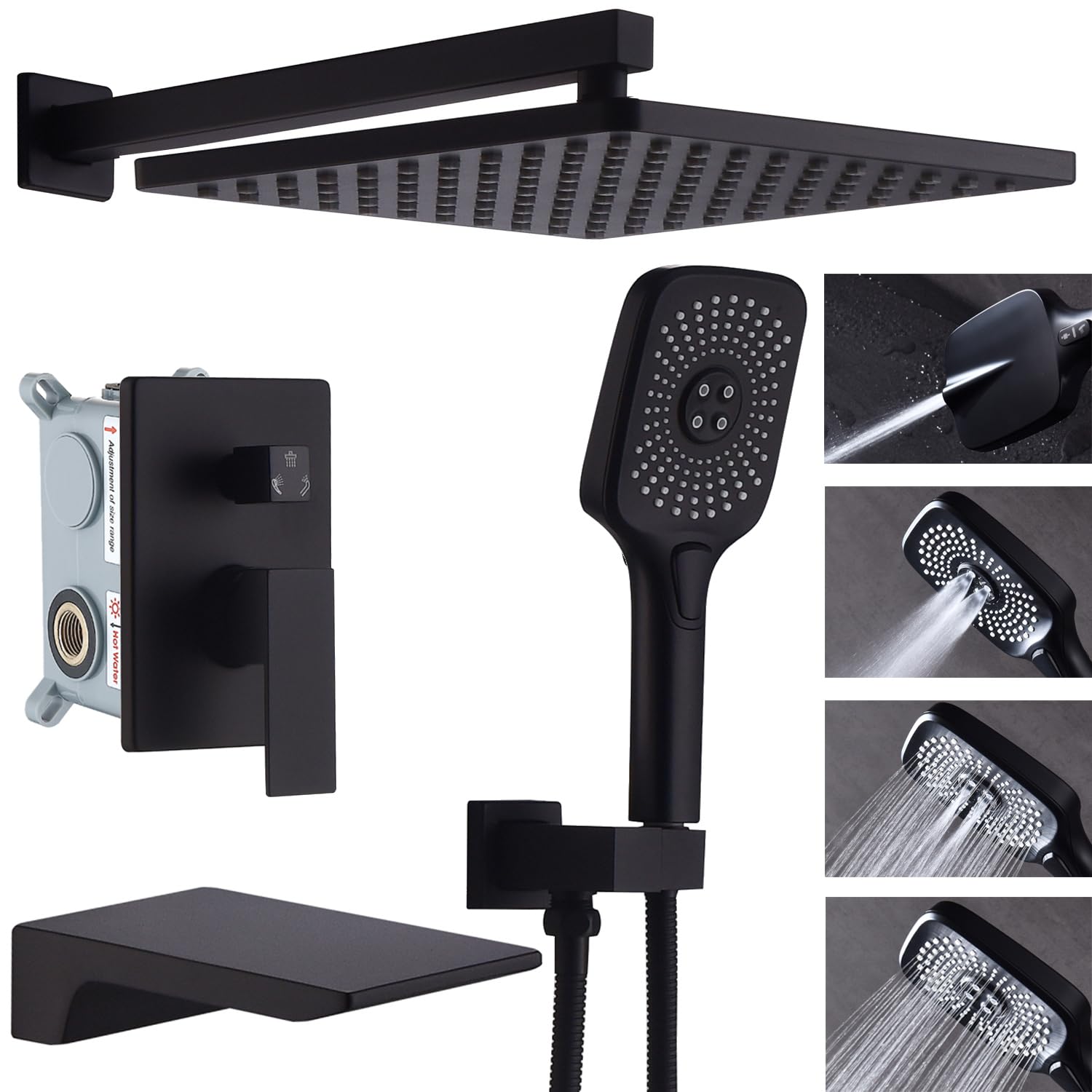 **YESIMI 10-Inch Rainfall Shower System with Tub Spout - Matte Black Wall-Mounted Bathtub Faucet Set, 4-Setting Handheld Spray & Overhead Shower for Luxurious Bathroom Upgrade**    *(Perfect for Modern Bathrooms, Spa-Like Showers, and Relaxing Bathtub Experiences)*