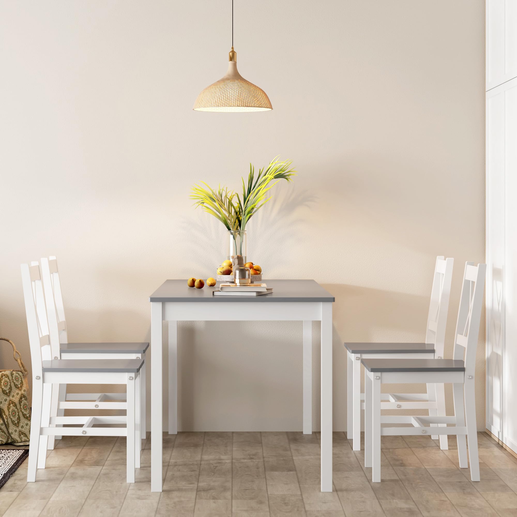 Soges 5-Piece Dining Table Set - 47.2 Inch Rectangular Pine Wood Kitchen Table with 4 Chairs, White Grey Modern Furniture for Kitchen, Dining Room, Dinette | Perfect for Small Spaces, Family Meals & Entertaining Guests
