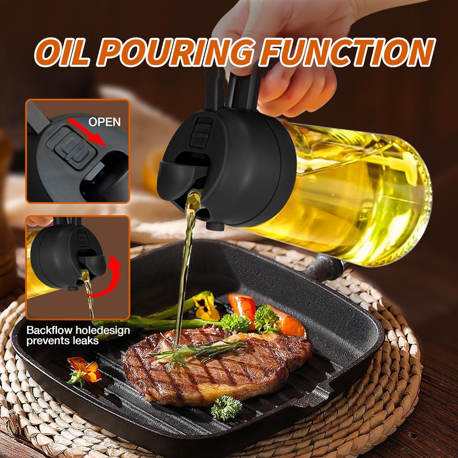 16oz Olive Oil Dispenser with Brush - 2 in 1 Kitchen Oil Sprayer & Dispenser Bottle - Premium Black Olive Oil Container for Cooking, Baking & Salad Dressing