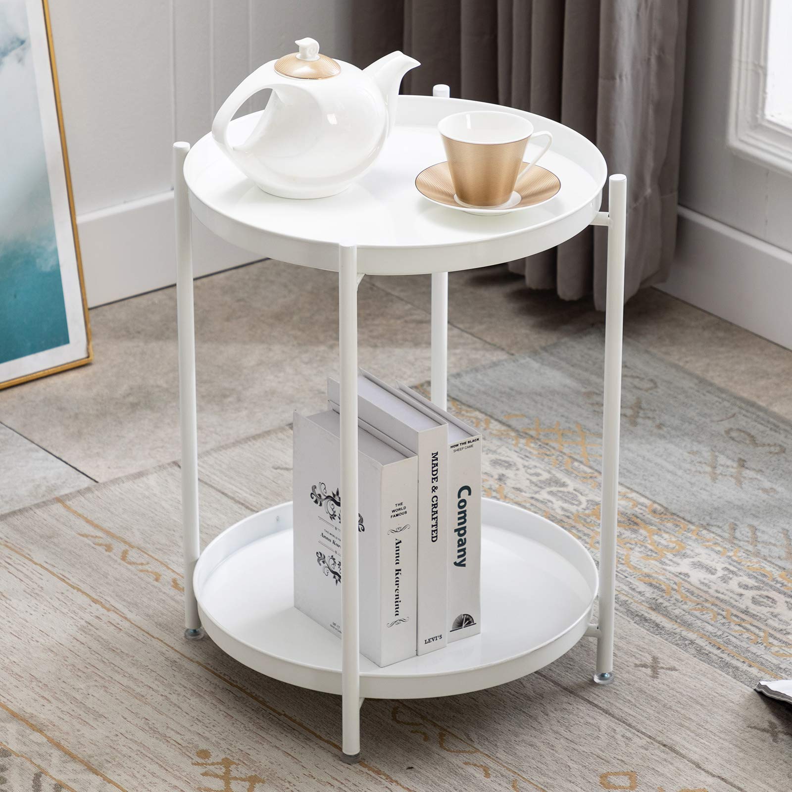 Artechworks Small Round End Table with Removable Tray - Waterproof Side Table for Living Room, Bedroom, Office & Balcony - Perfect Coffee Table for Sofa, Reading Nook & Small Spaces (White)