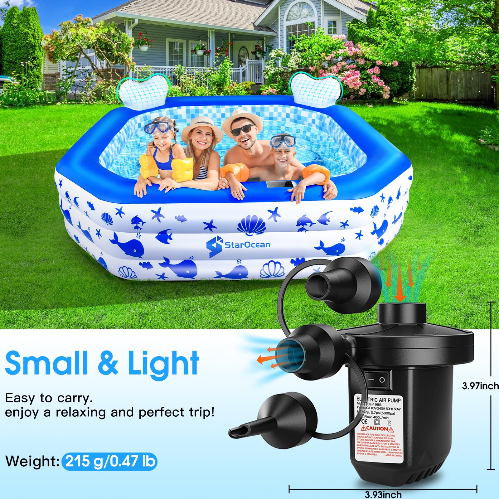 **110V Electric Air Pump for Inflatable Mattress, Pool Floats & Boats - Portable Quick Fill/Deflate Pump with 3 Nozzles - Perfect for Camping, Travel, Beach & Outdoor Activities**