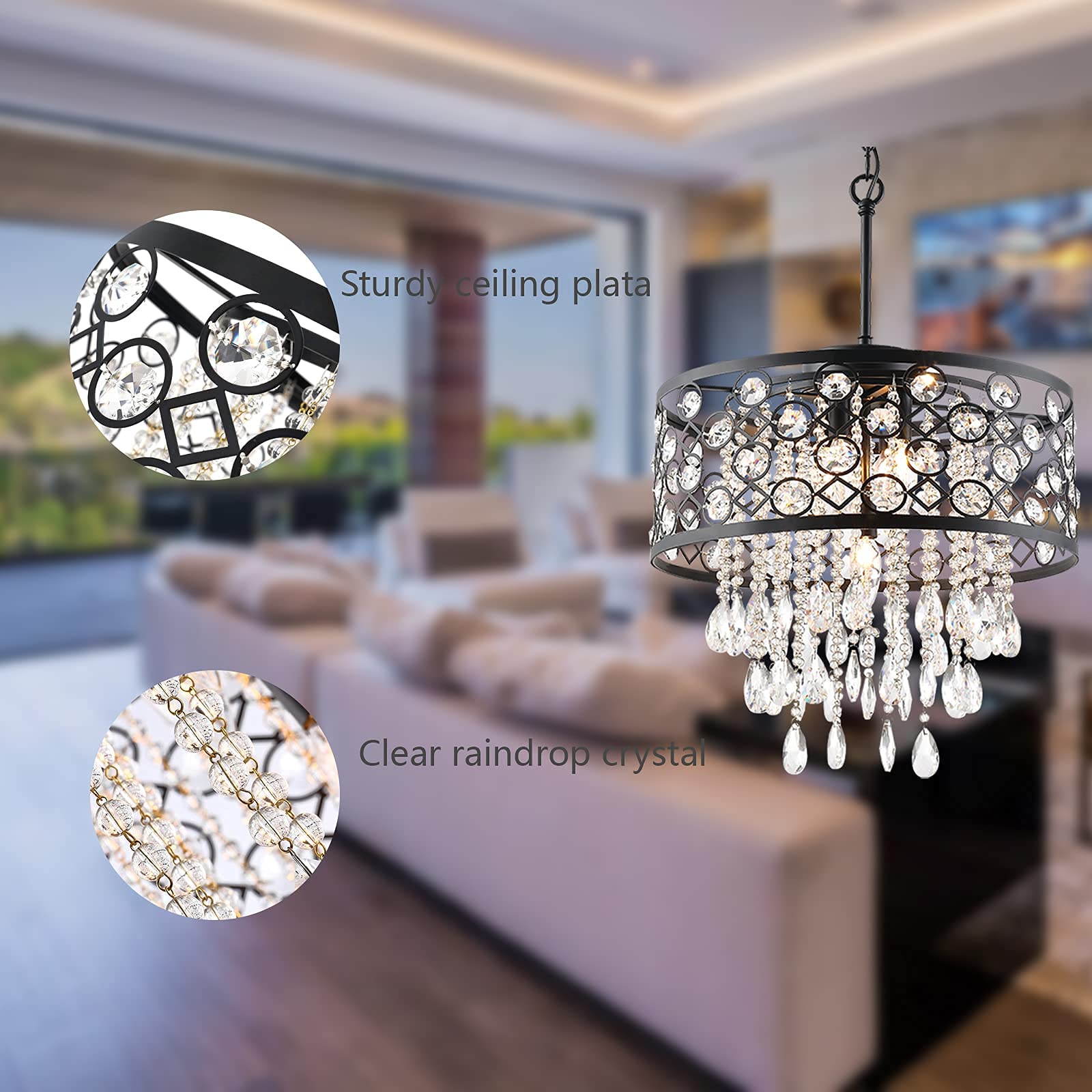 Maxax 5-Light Crystal Chandelier - Modern Drum Pendant Lighting Fixture with Adjustable Chain, ETL Certified - Perfect for Living Room, Bedroom, Dining Room & Kitchen Island Decor - Black Round Hanging Light for Elegant Home Lighting