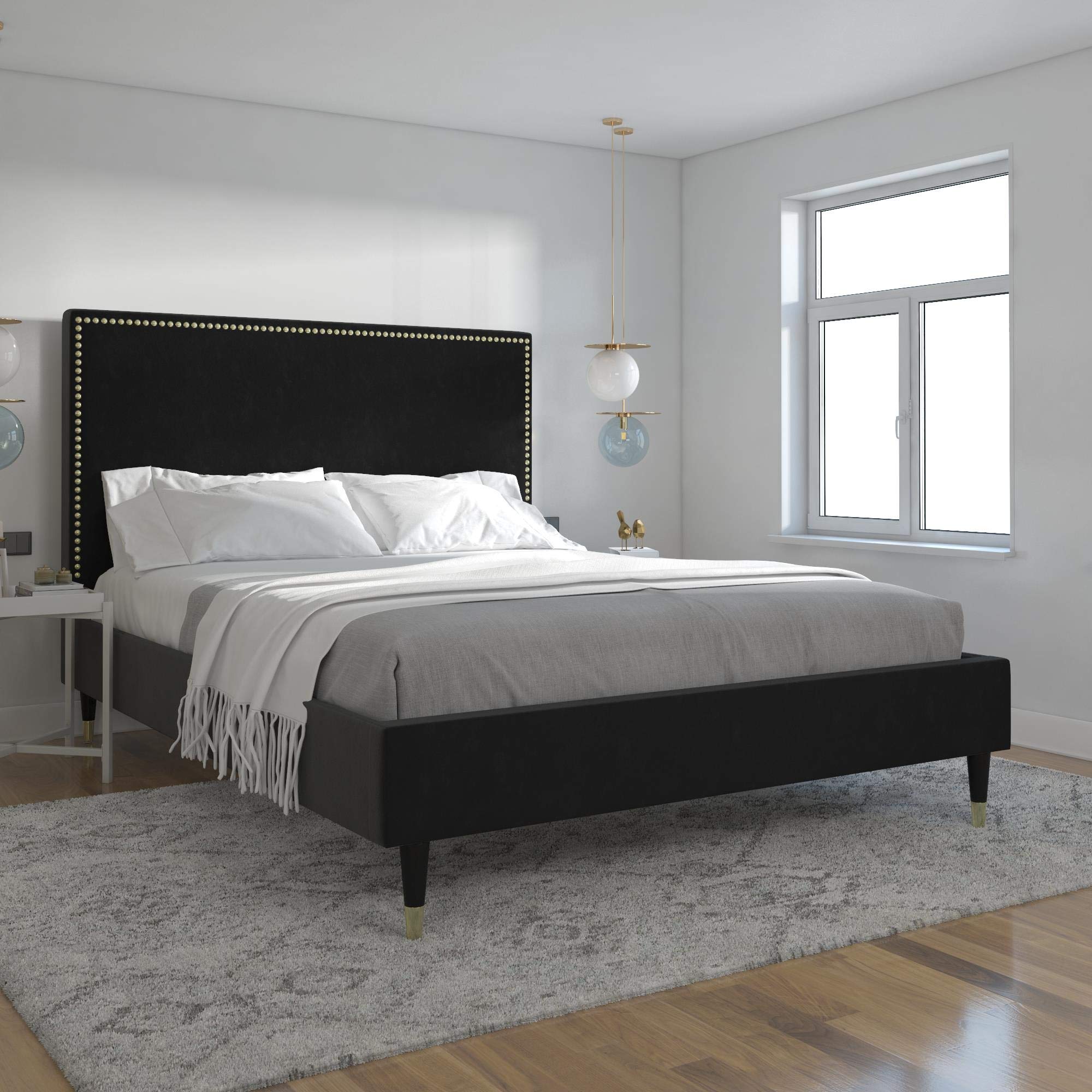 CosmoLiving by Cosmopolitan Audrey Queen Size Upholstered Bed Frame - Luxe Black Velvet Fabric for Modern Bedroom Decor | Perfect for Master Bedrooms & Guest Rooms
