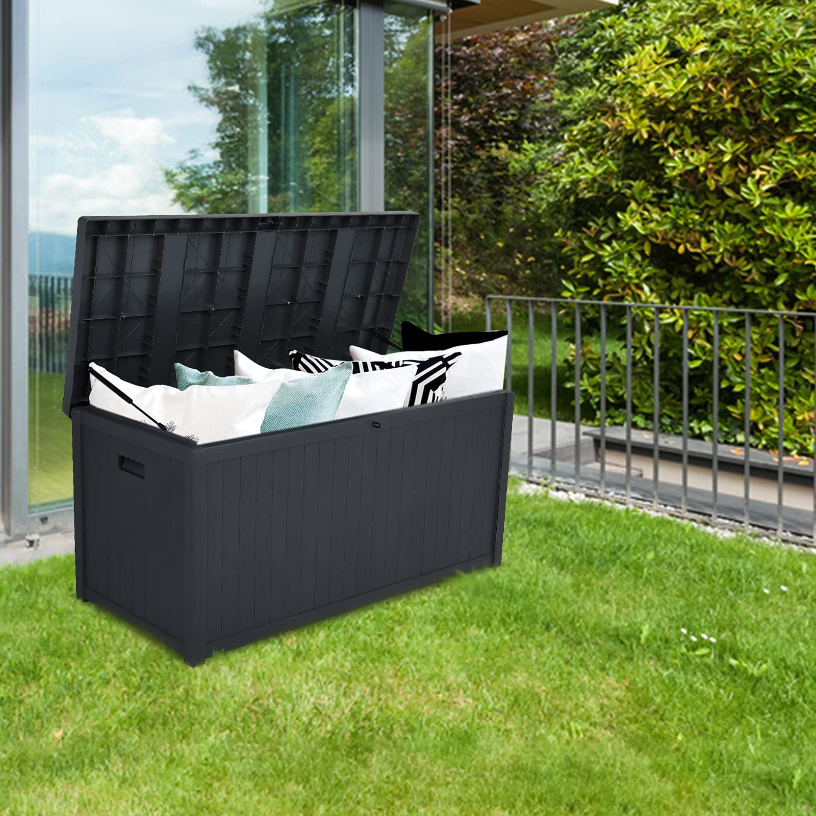 HomVent 113 Gallon Outdoor Waterproof Storage Deck Box - All-Weather Patio Furniture Cushion, Garden Tool & Pool Toy Organizer - Durable Black Container for Backyard, Poolside & Deck Storage (113gal)