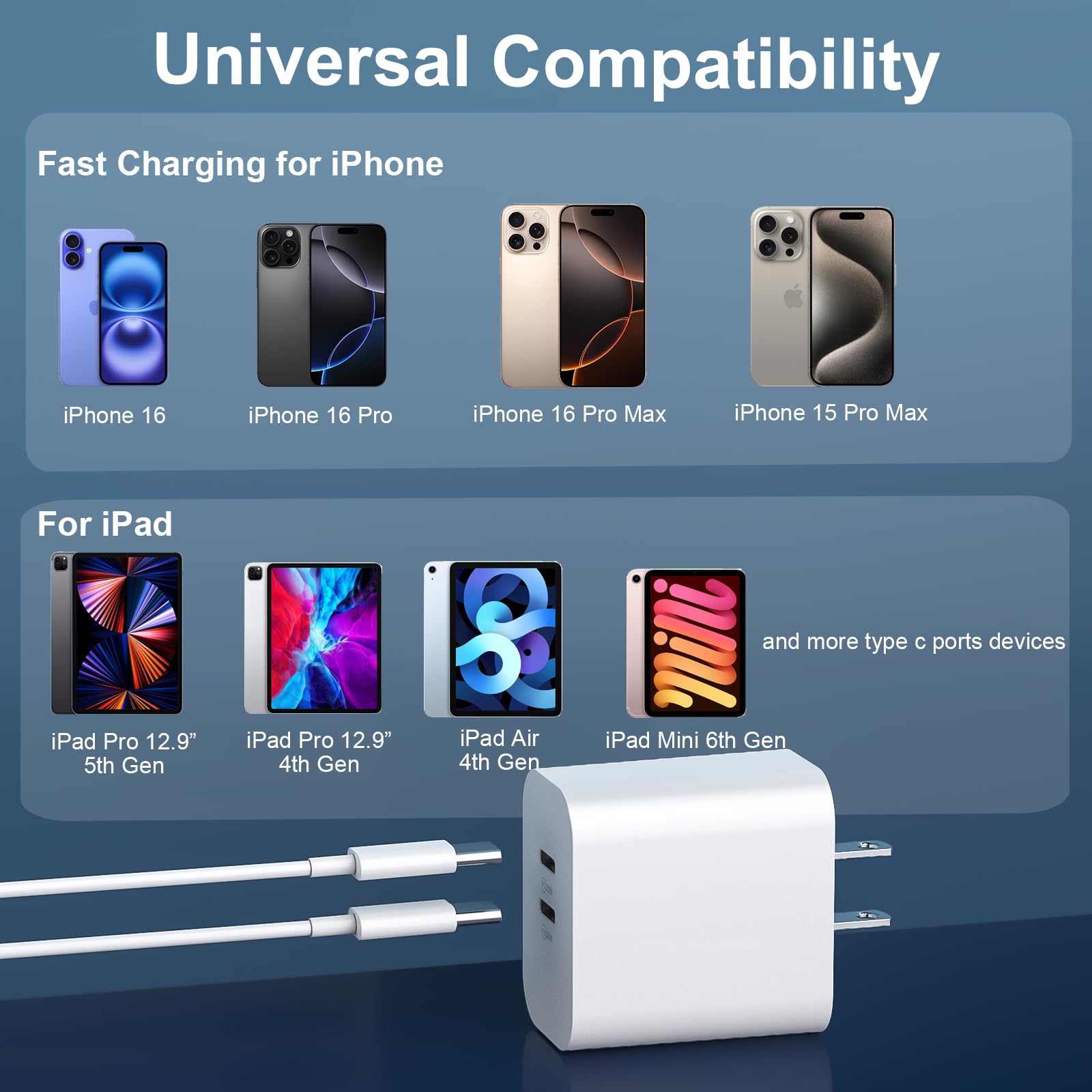 20W USB C Fast Charger Block with 10FT USB C to C Cable - Compatible with iPhone 16/15 Pro Max, iPhone 16/15 Pro, iPhone 16/15 Plus - Fast Charging for Home, Office & Travel