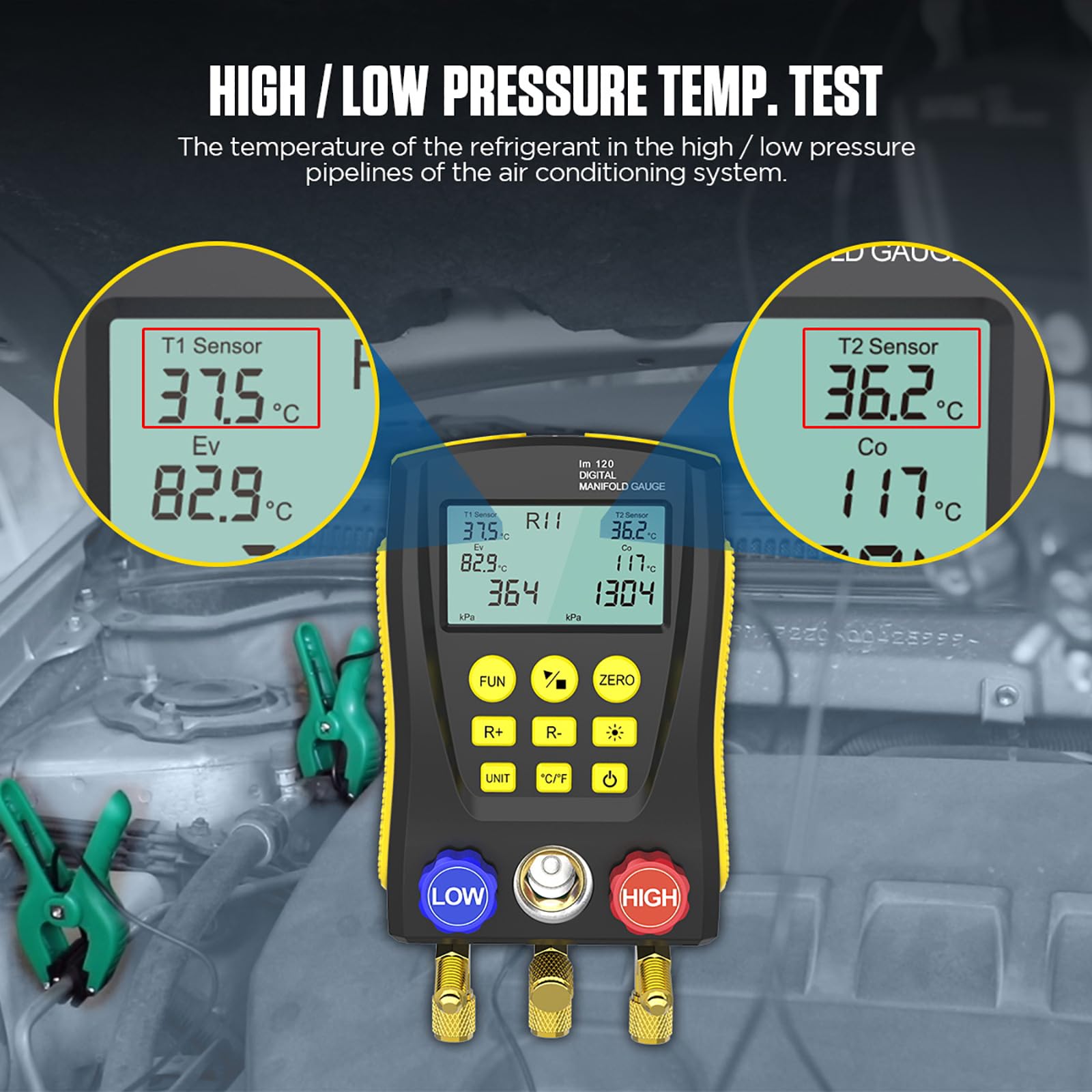 QPKING Digital Manifold Gauge Set - HVAC Refrigeration Pressure Temperature Tester with 3 Hoses & Built-in 89 Database - Professional LM120 Leak Detection Kit for AC Repair, Refrigerant Charging and HVAC System Maintenance
