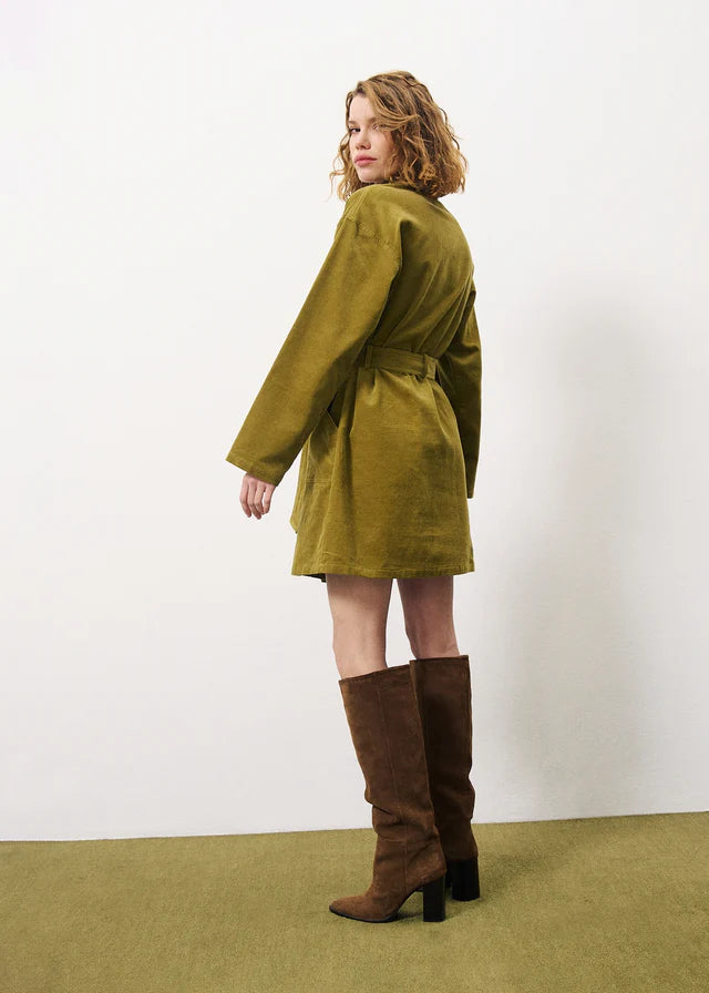 Cloelia Women's Olive Corduroy Mini Dress - Stylish & Comfortable for Casual Outings, Dates, and Fall Fashion