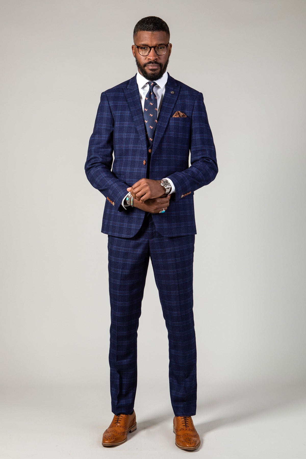 CHIGWELL Blue Tweed Check Three Piece Suit for Men | Classic Formal Business Attire | Perfect for Weddings, Office & Special Occasions