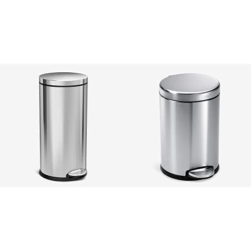 simplehuman 30L/8 Gallon Round Step Trash Can & 4.5L/1.2 Gallon Bathroom Step Trash Can Set - Brushed Stainless Steel | Kitchen & Bathroom Waste Bin with Foot Pedal for Hands-Free Use