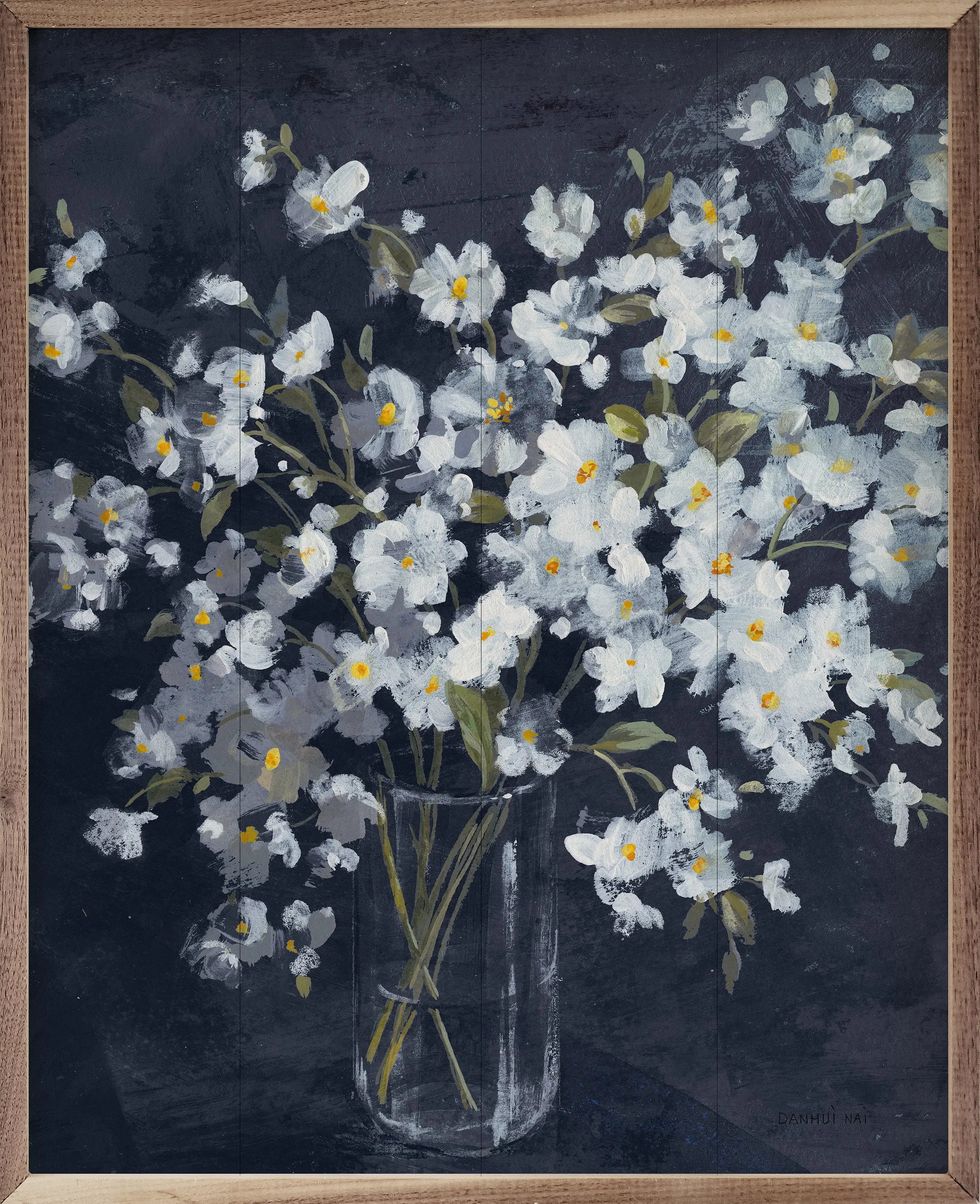 Fresh White Bouquet Indigo Crop Wood Framed Print - Elegant Floral Wall Art Decor for Living Room, Bedroom & Office