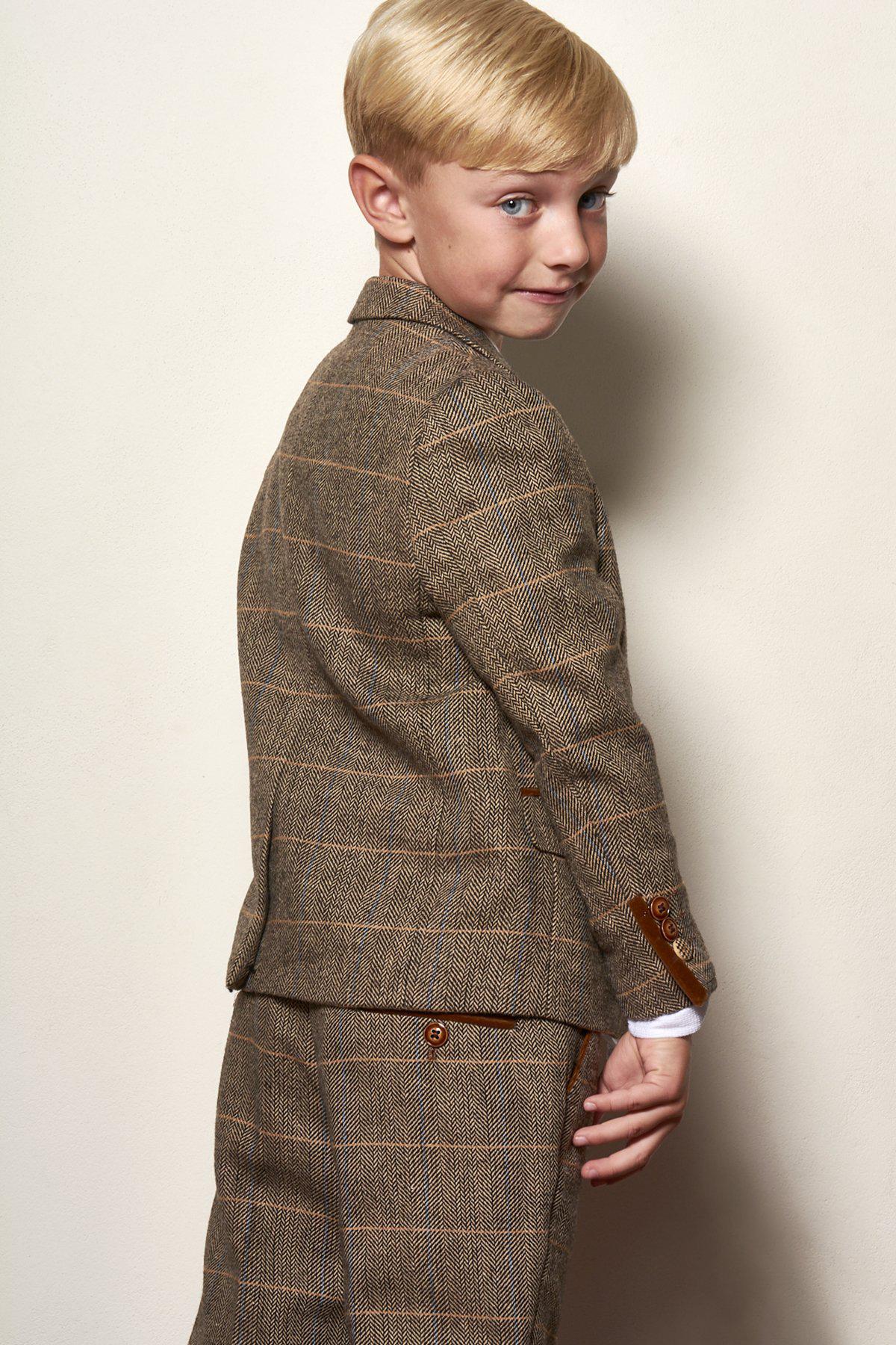 Stylish Men's TED Tan Tweed Check Three-Piece Suit Set - Perfect for Father & Son Matching Outfits, Weddings, and Formal Events