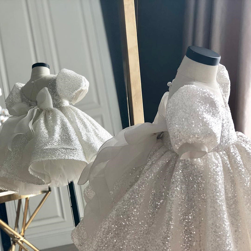 White Sequins Baby Girl Christmas Dress - Elegant Flower Girl Birthday Party Princess Gown for Holiday Photos & Special Occasions