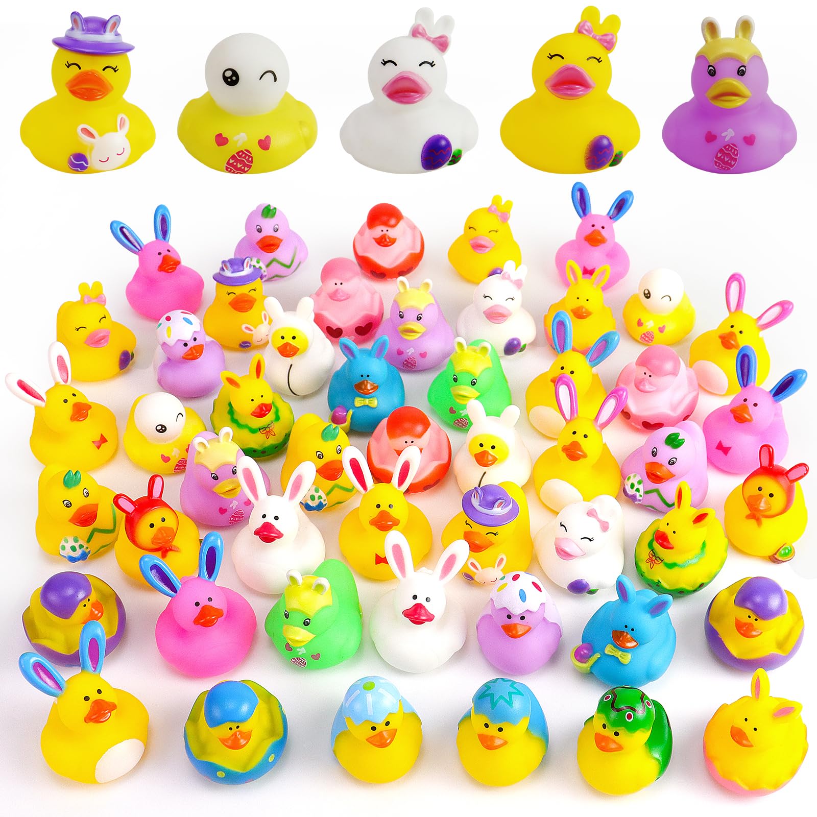 50PCS Easter Rubber Duck Assortment - Colorful Party Favors, Resurrection Bunny Bath Toys for Kids, Baby Shower Gifts - Perfect for Easter Celebrations, Birthday Parties & Bathtime Fun