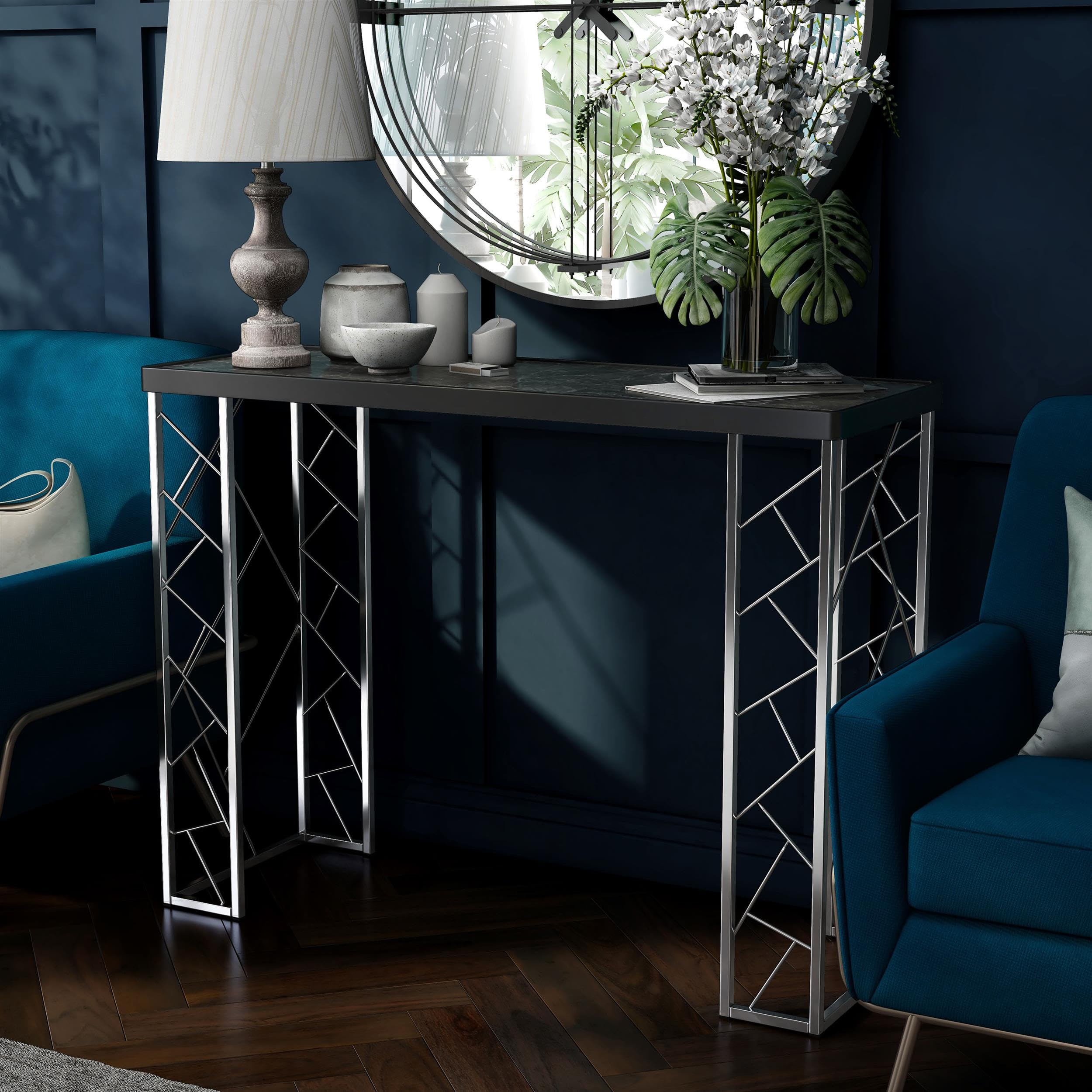 Furniture of America Stefano Metal Console Table - Black & Chrome Finish | Entryway, Living Room & Hallway Decor