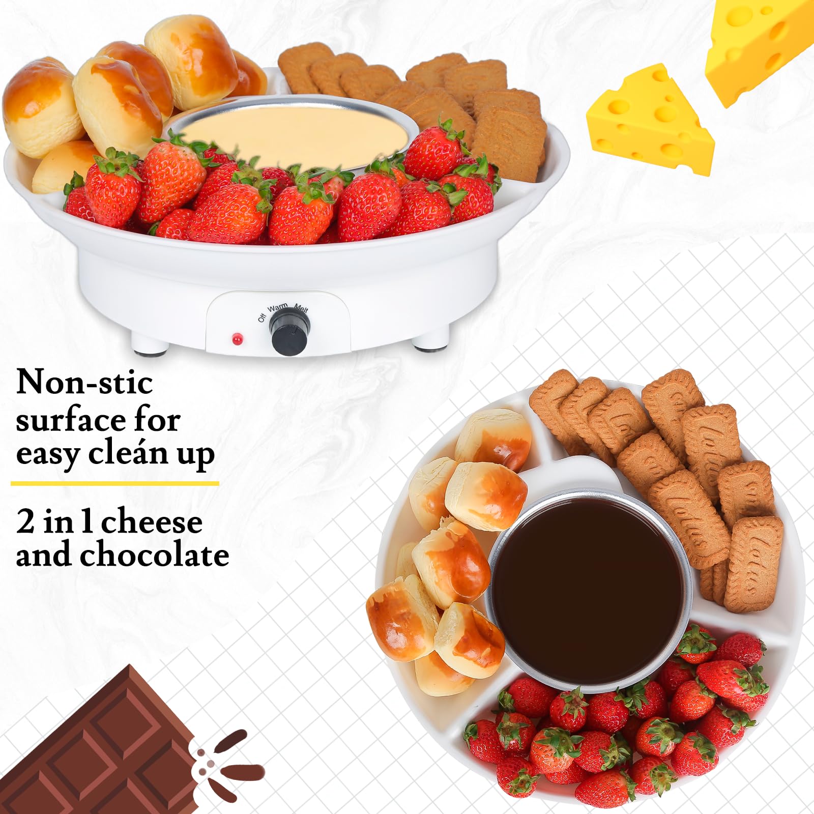 Stainless Steel Electric Fondue Pot Set with 4 Forks - Chocolate & Cheese Melting Pot for Parties, Butter Warmer with Serving Tray - Perfect for Valentine's Day, Family Gatherings & Dinner Parties