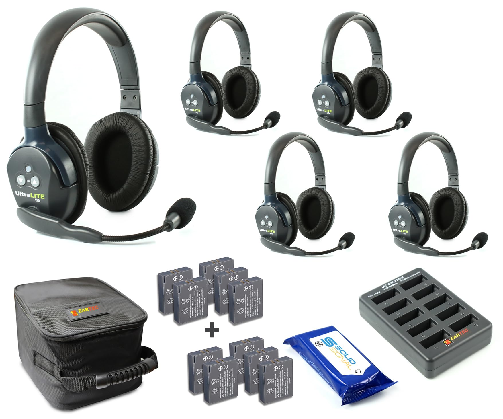 Eartec UL5D Ultralite Full Duplex Wireless Headset System - 5 User Communication Kit with Dual Ear Headsets, Extra Batteries & Cleaning Wipes | Ideal for Construction, Events & Team Coordination